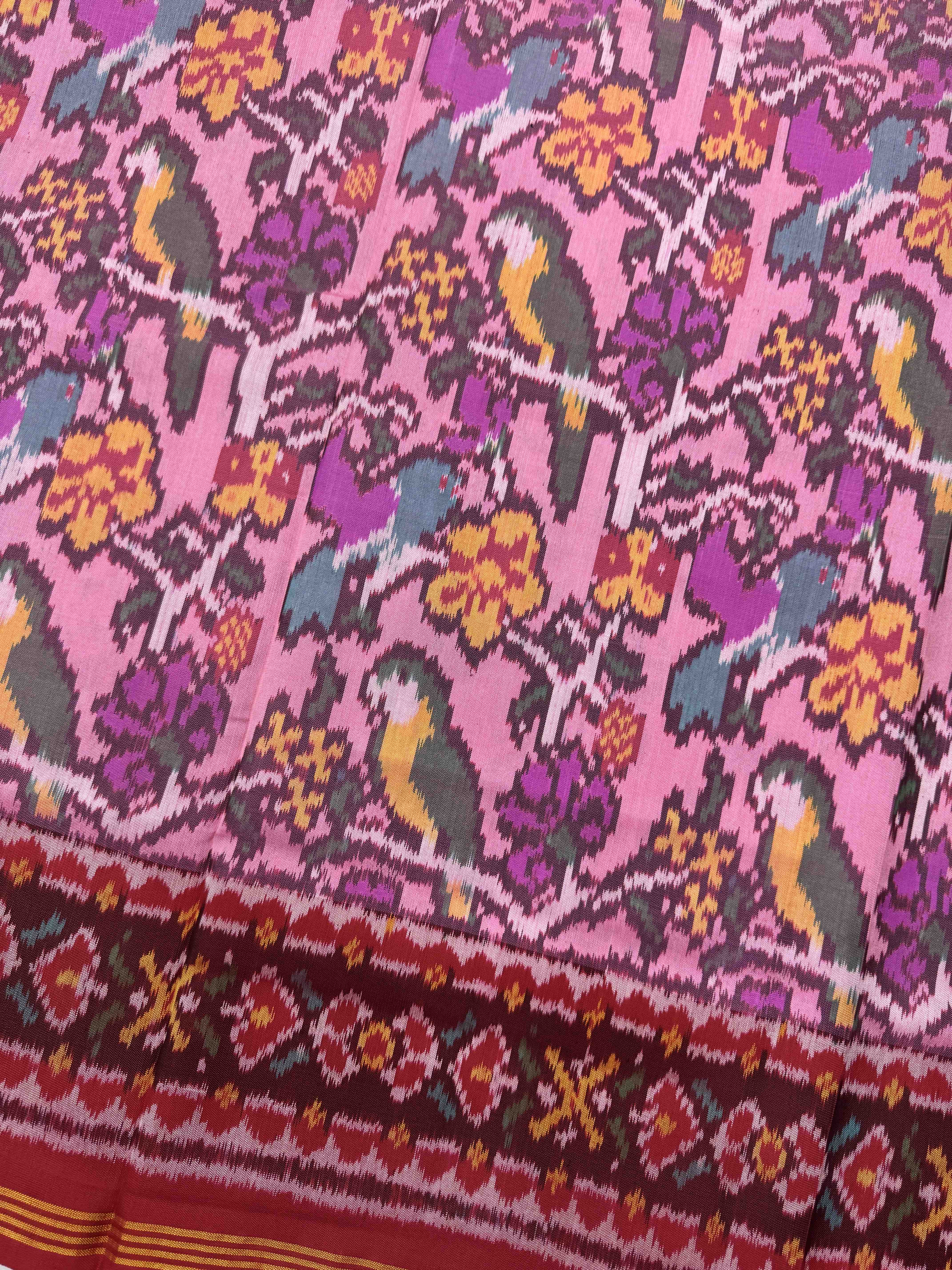 Red & Light Pink Fancy Parrot Flower Single Ikat Patan Patola Saree