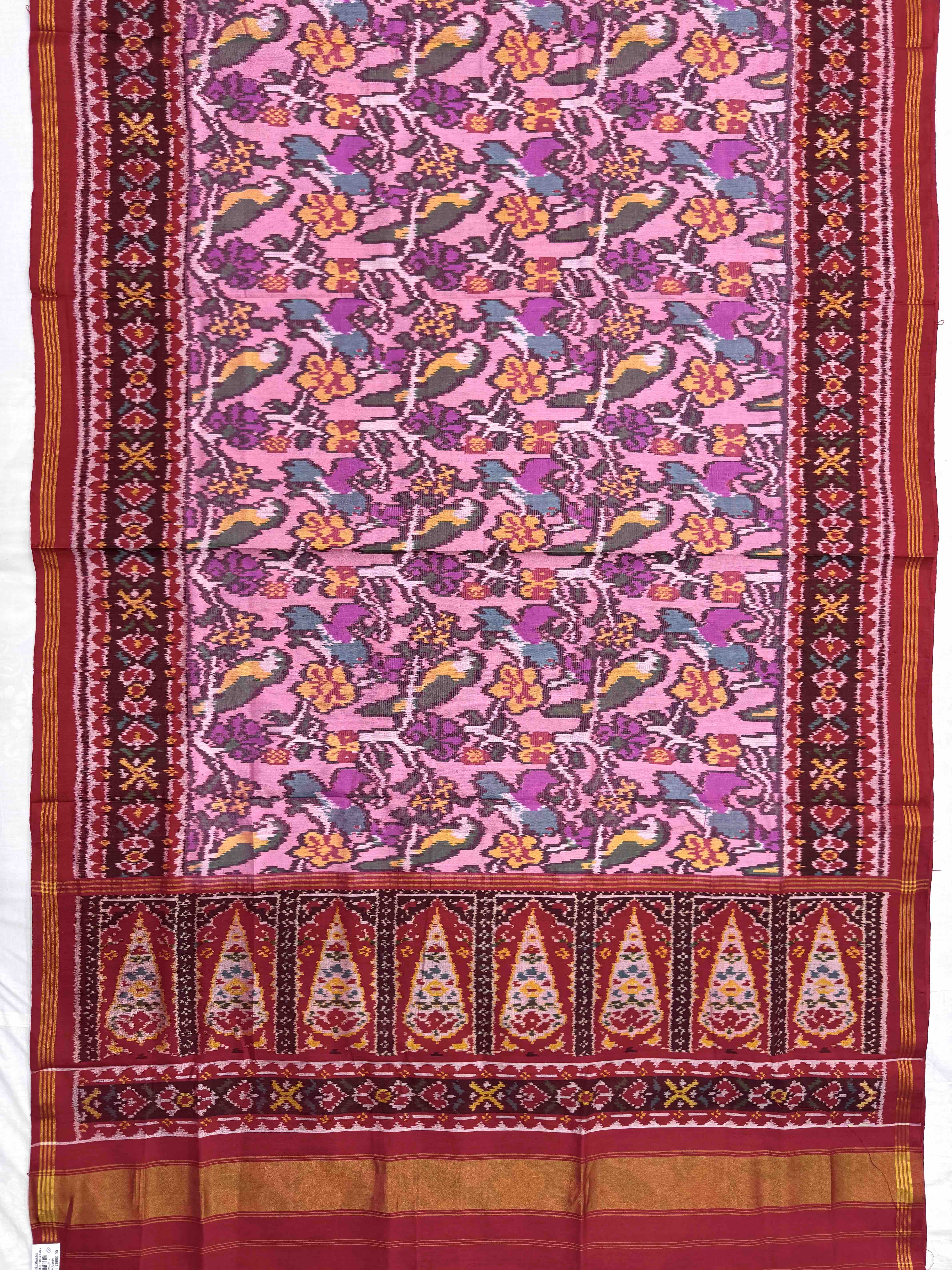 Red & Light Pink Fancy Parrot Flower Single Ikat Patan Patola Saree