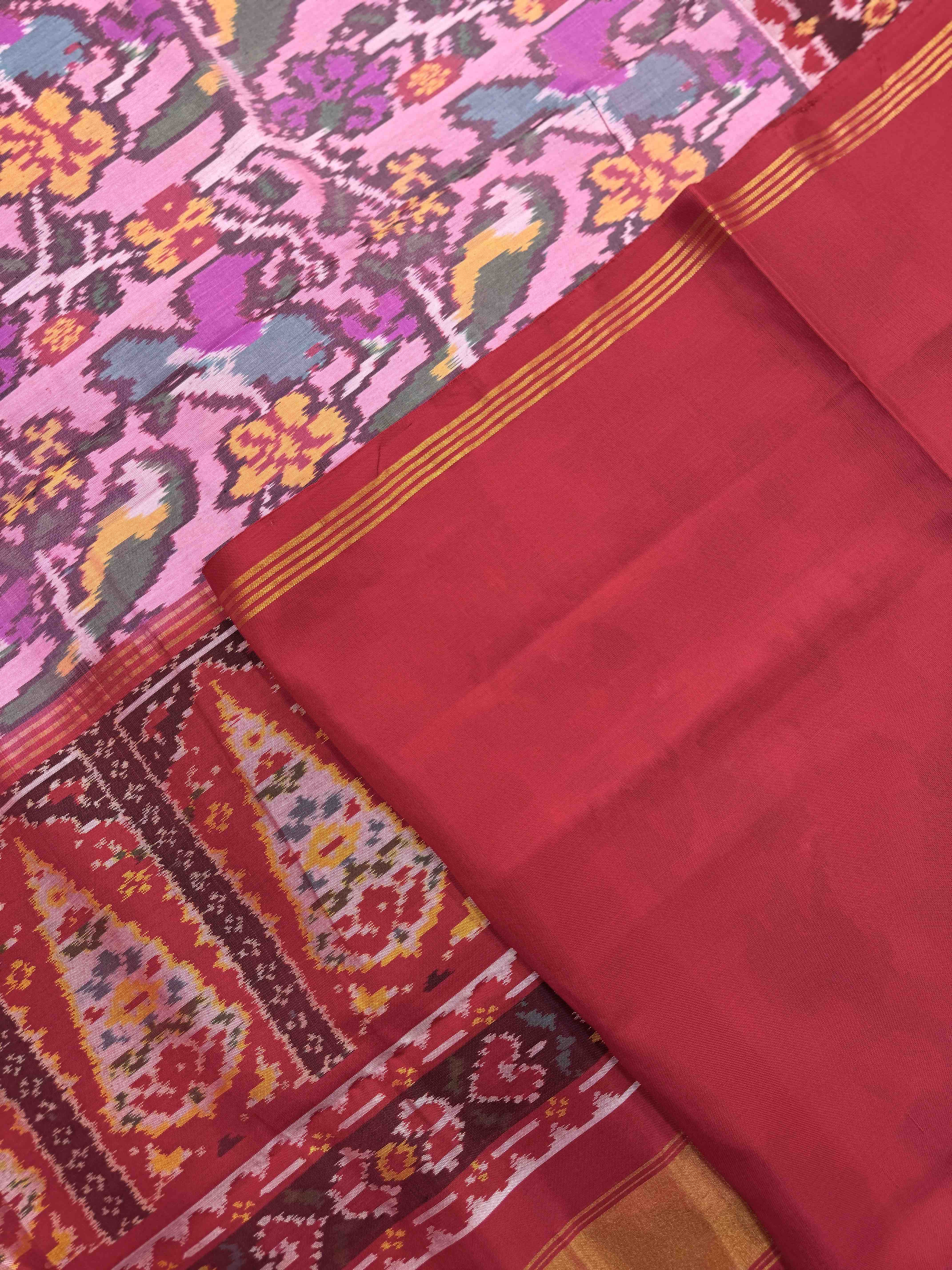 Red & Light Pink Fancy Parrot Flower Single Ikat Patan Patola Saree