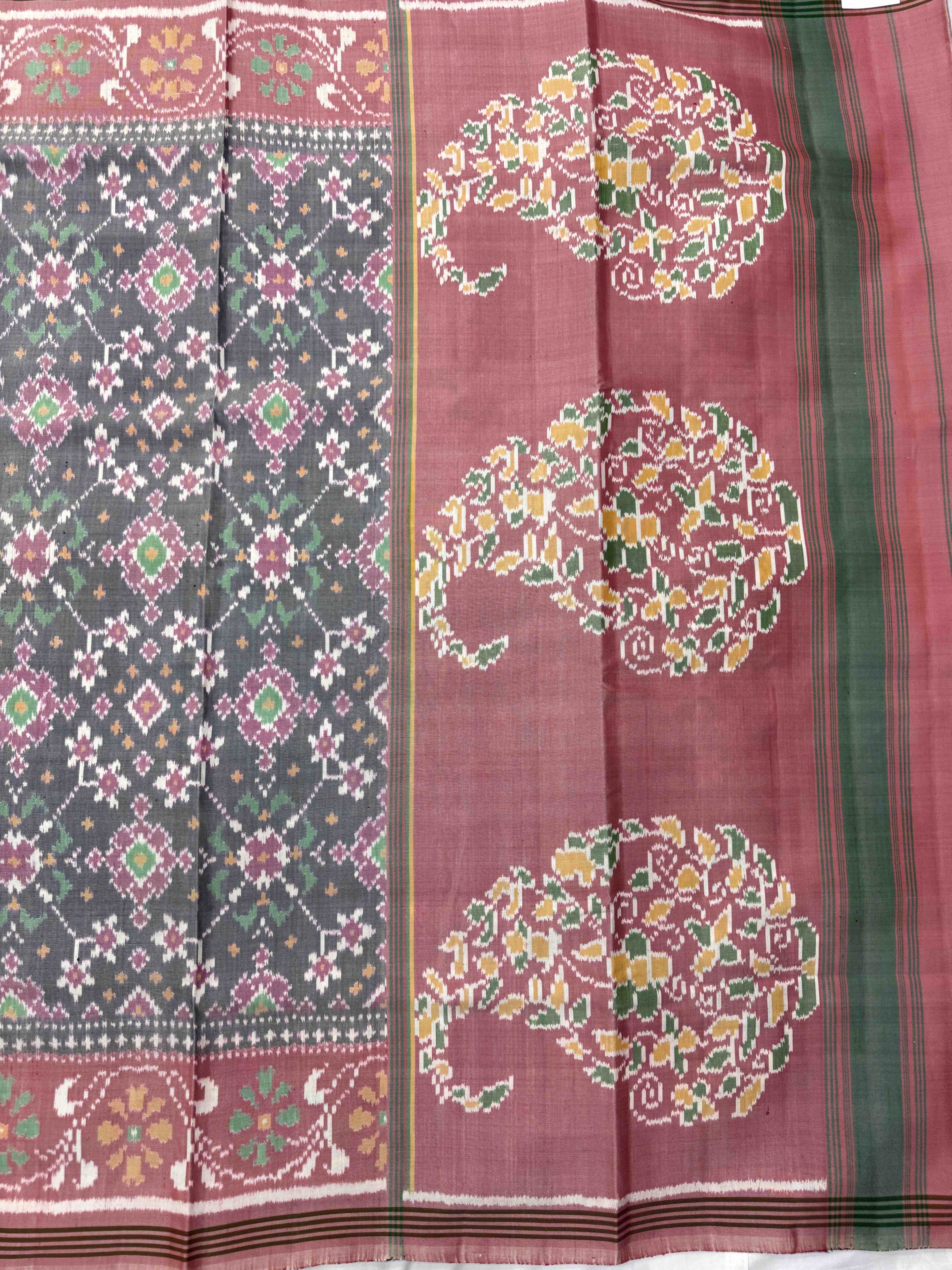 Rust Pink & Grey Navratan Single Ikat Patan Patola Saree