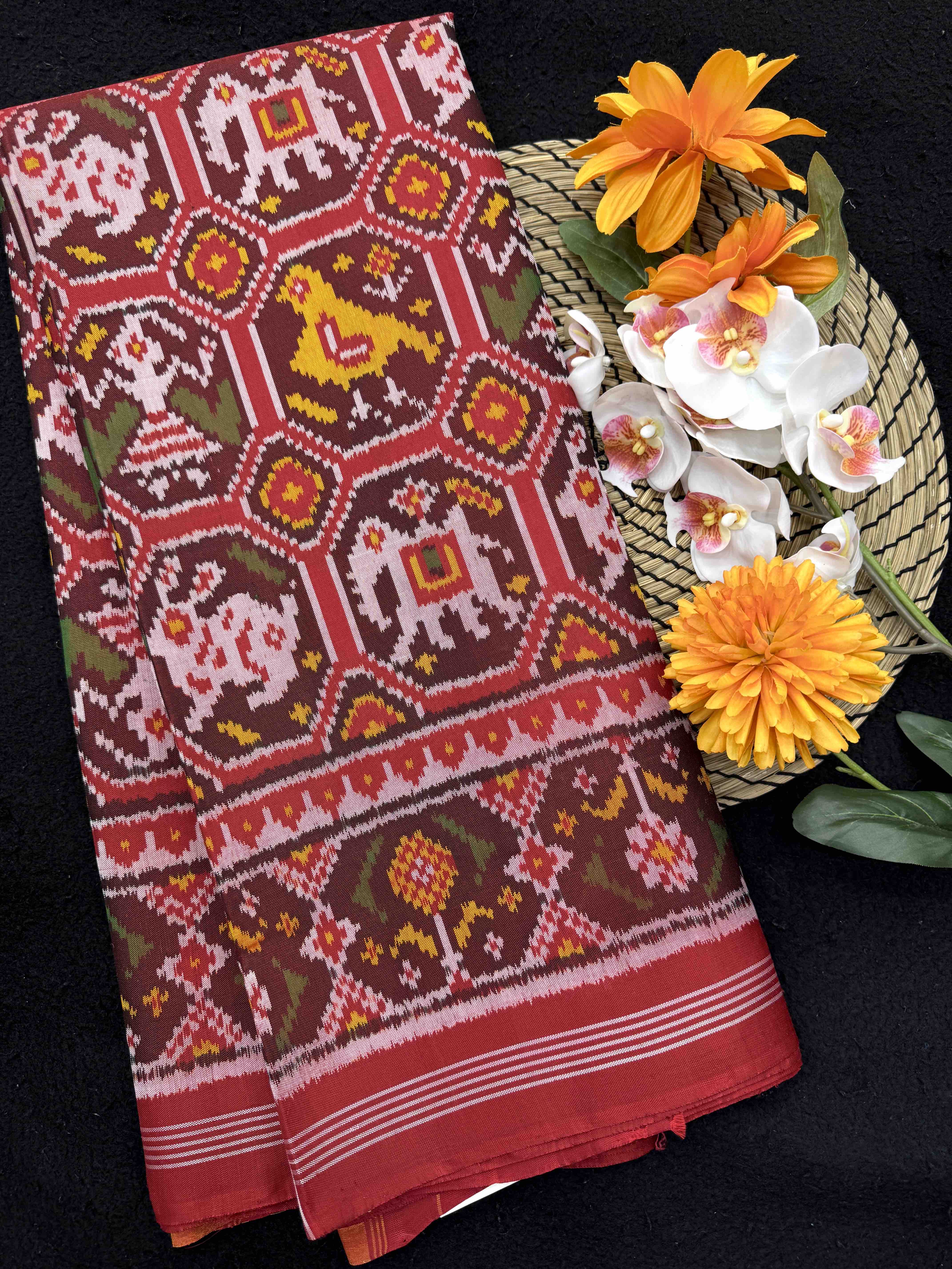 Red Small Narikunj Single Ikat Patan Patola Saree