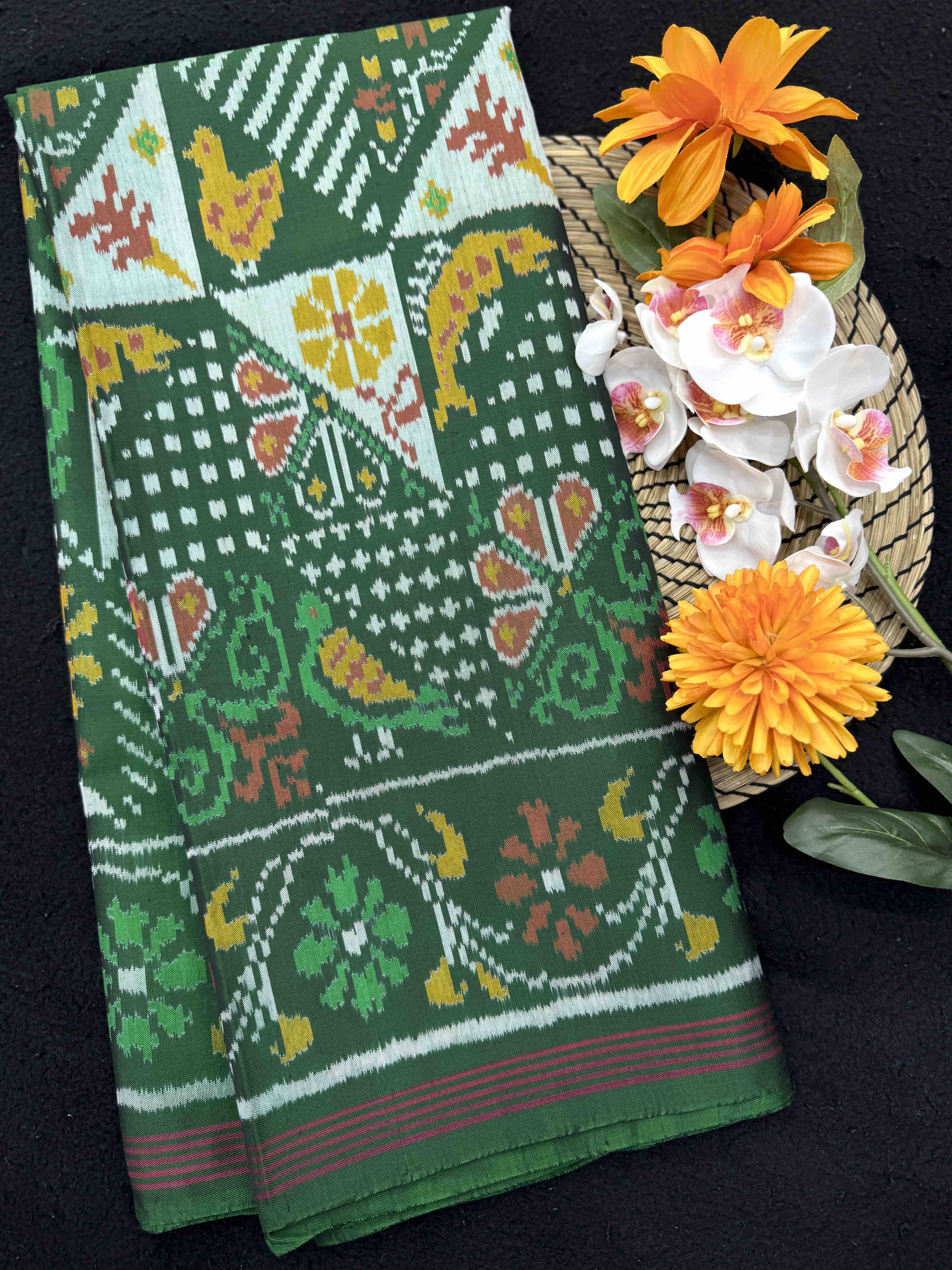 Green Small Narikunj Fancy Single Ikat Patan Patola Saree