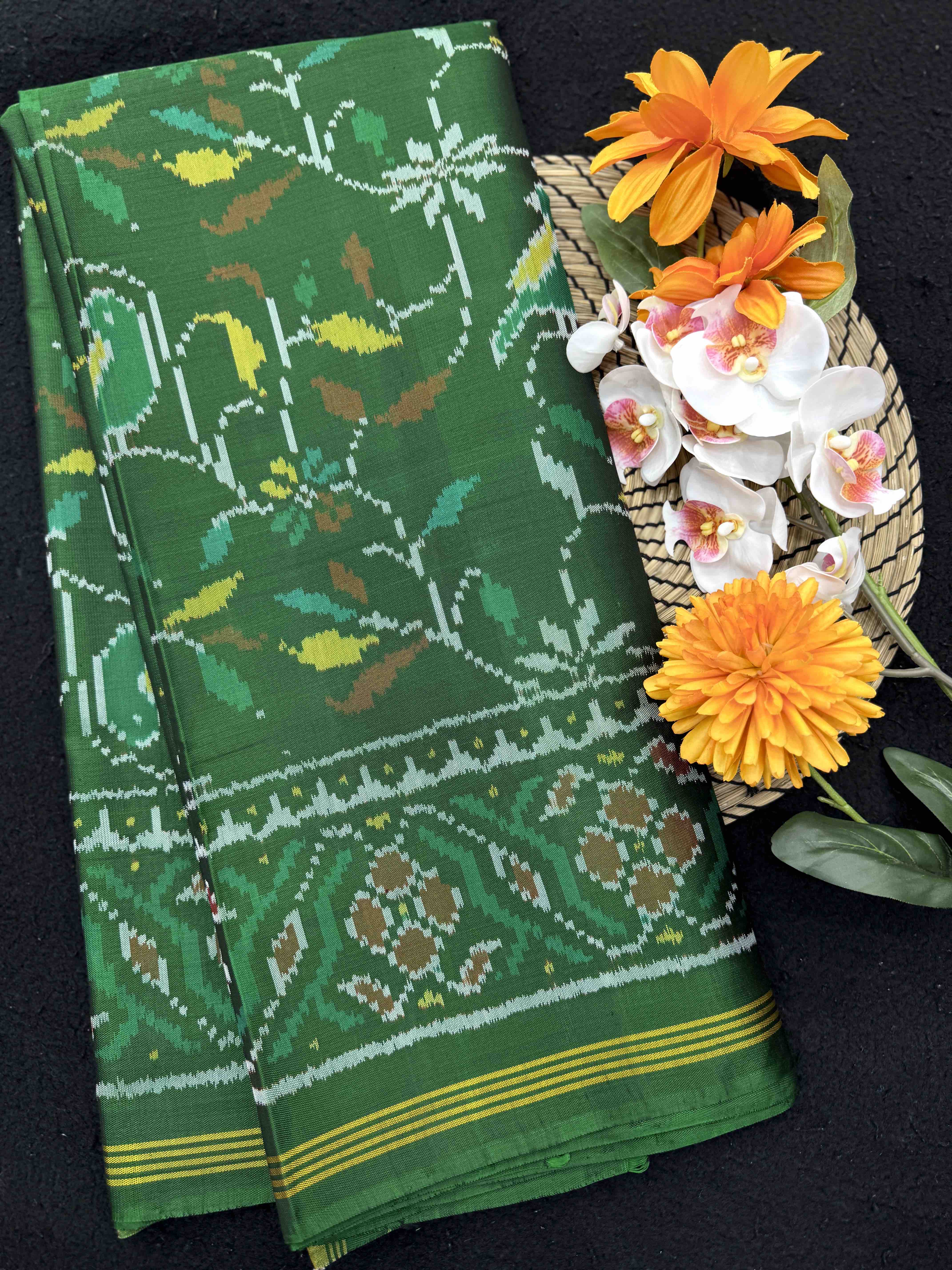 Green Bird Flower Leaves Single Ikat Patan Patola Saree