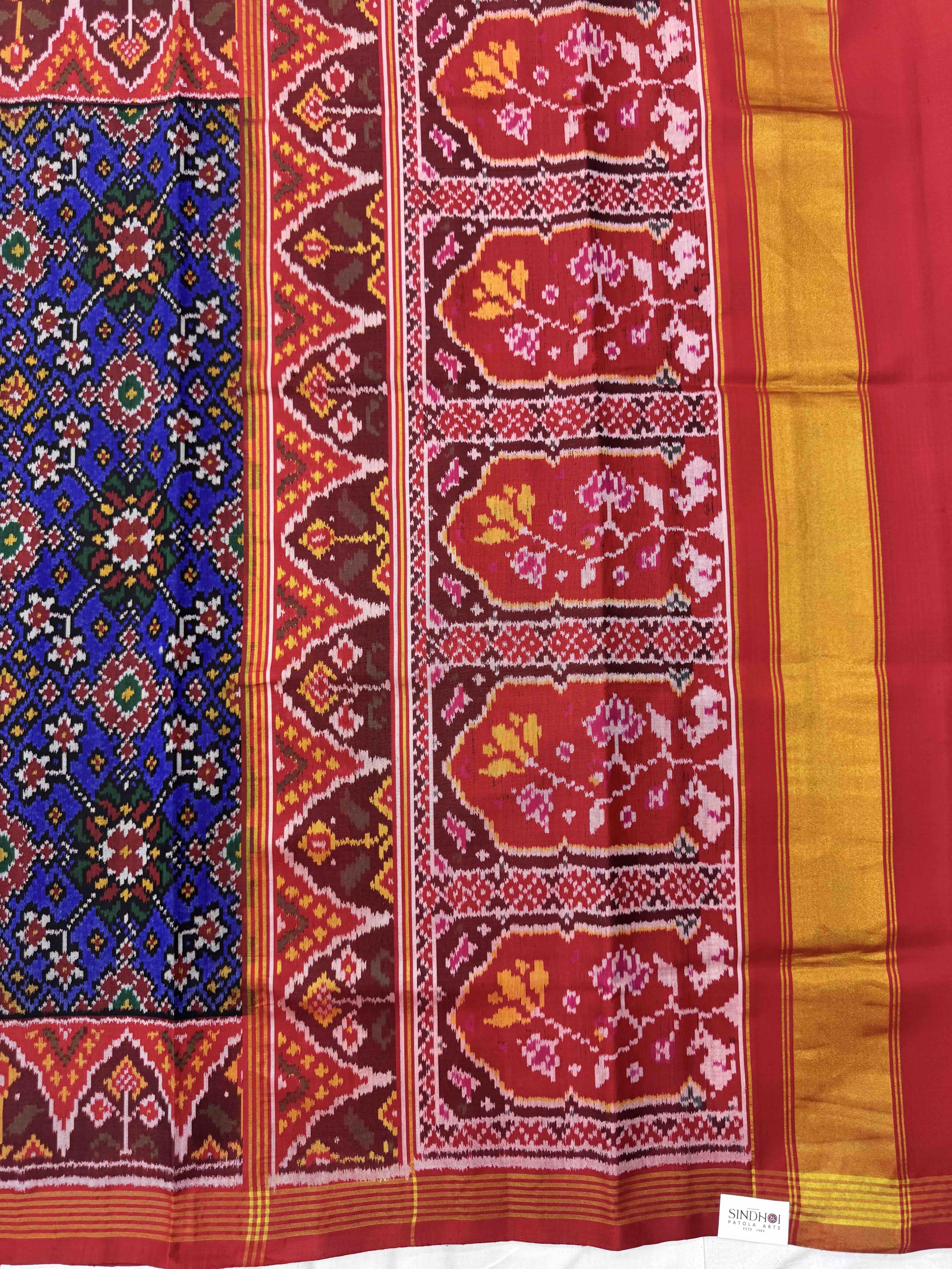 Red & Blue Navratan Single Ikat Patan Patola Saree