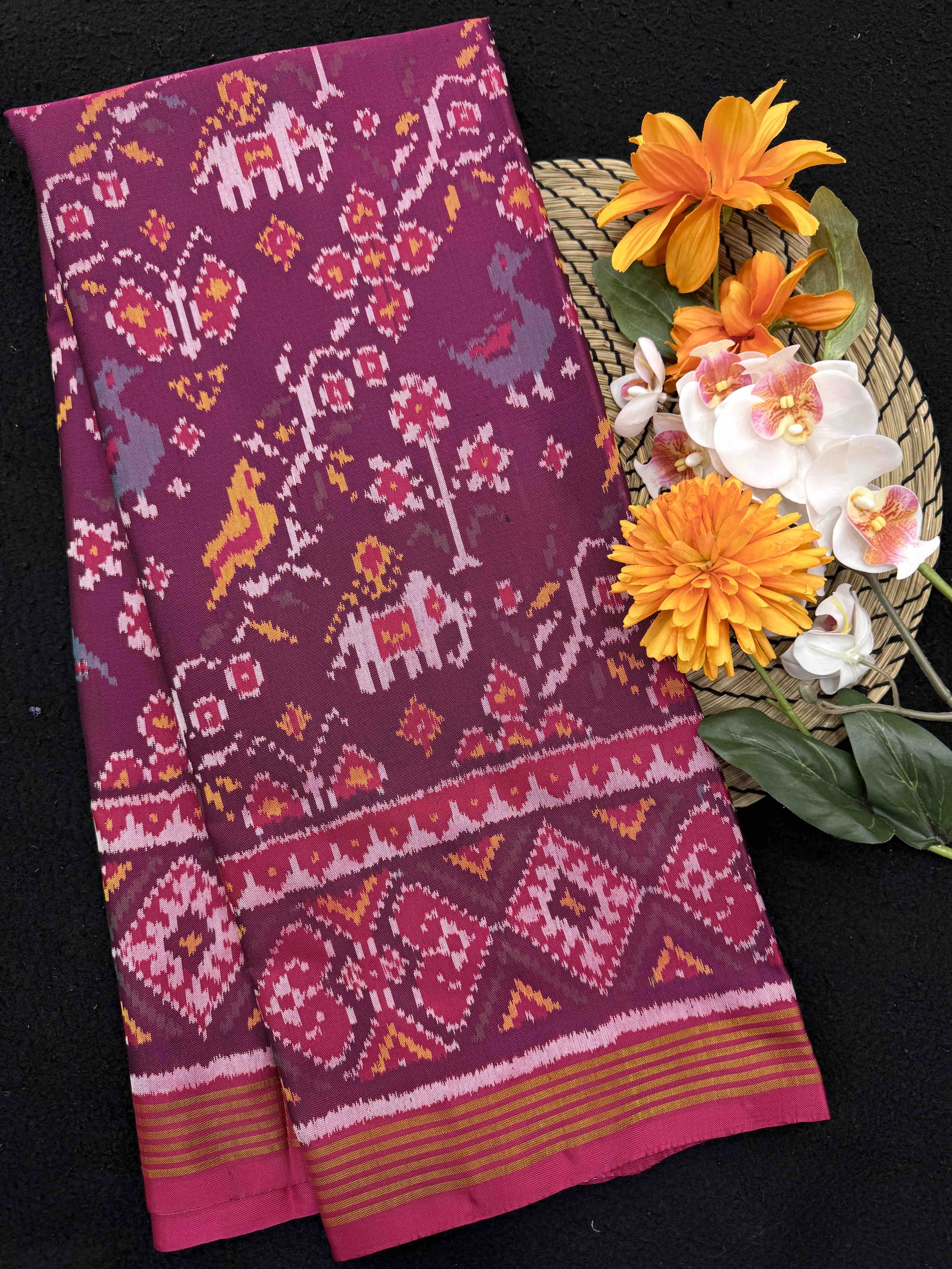 Pink & Wine Purple Narikunj Leaves Leheriya Single Ikat Patan Patola Saree