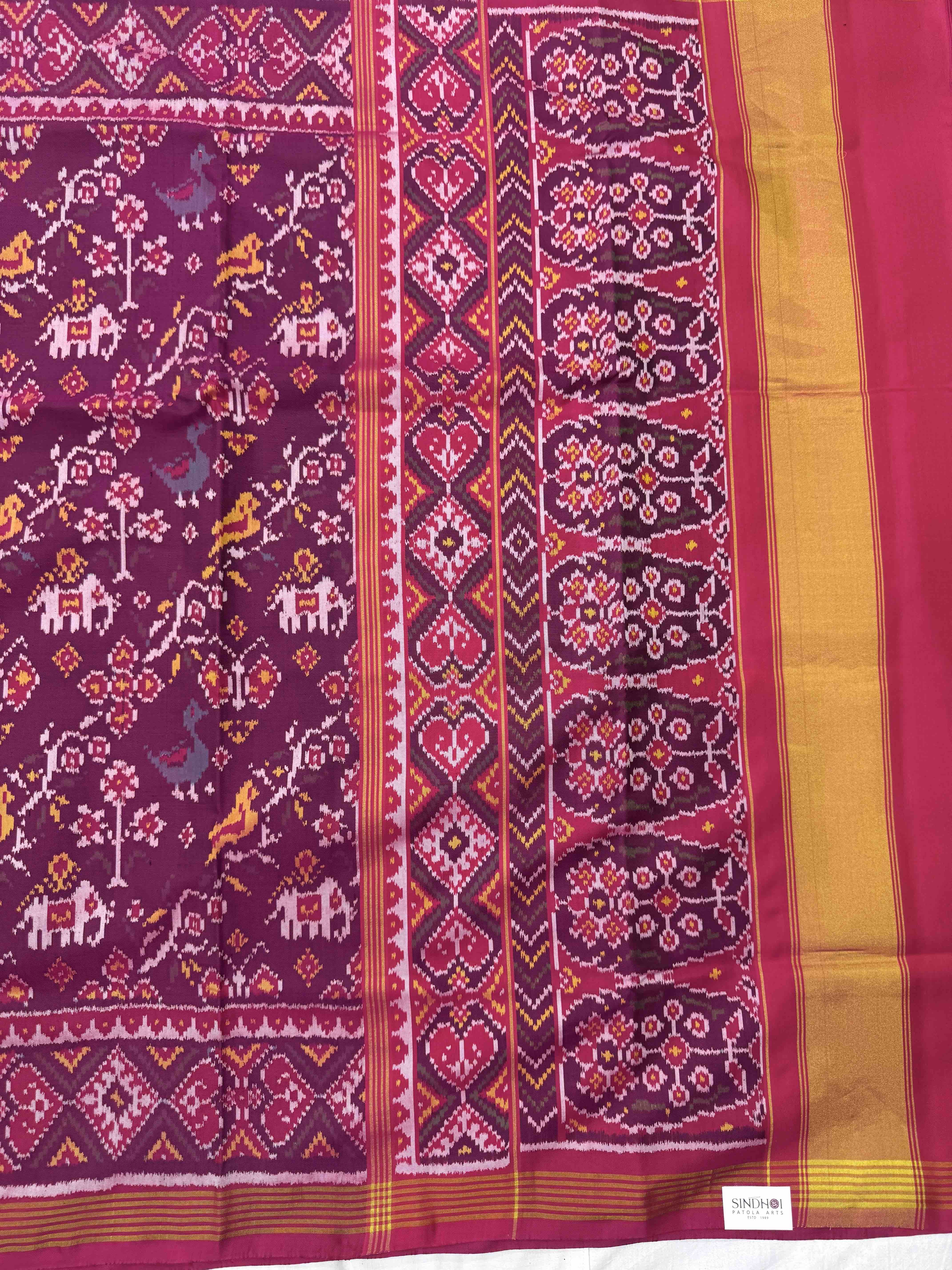 Pink & Wine Purple Narikunj Leaves Leheriya Single Ikat Patan Patola Saree