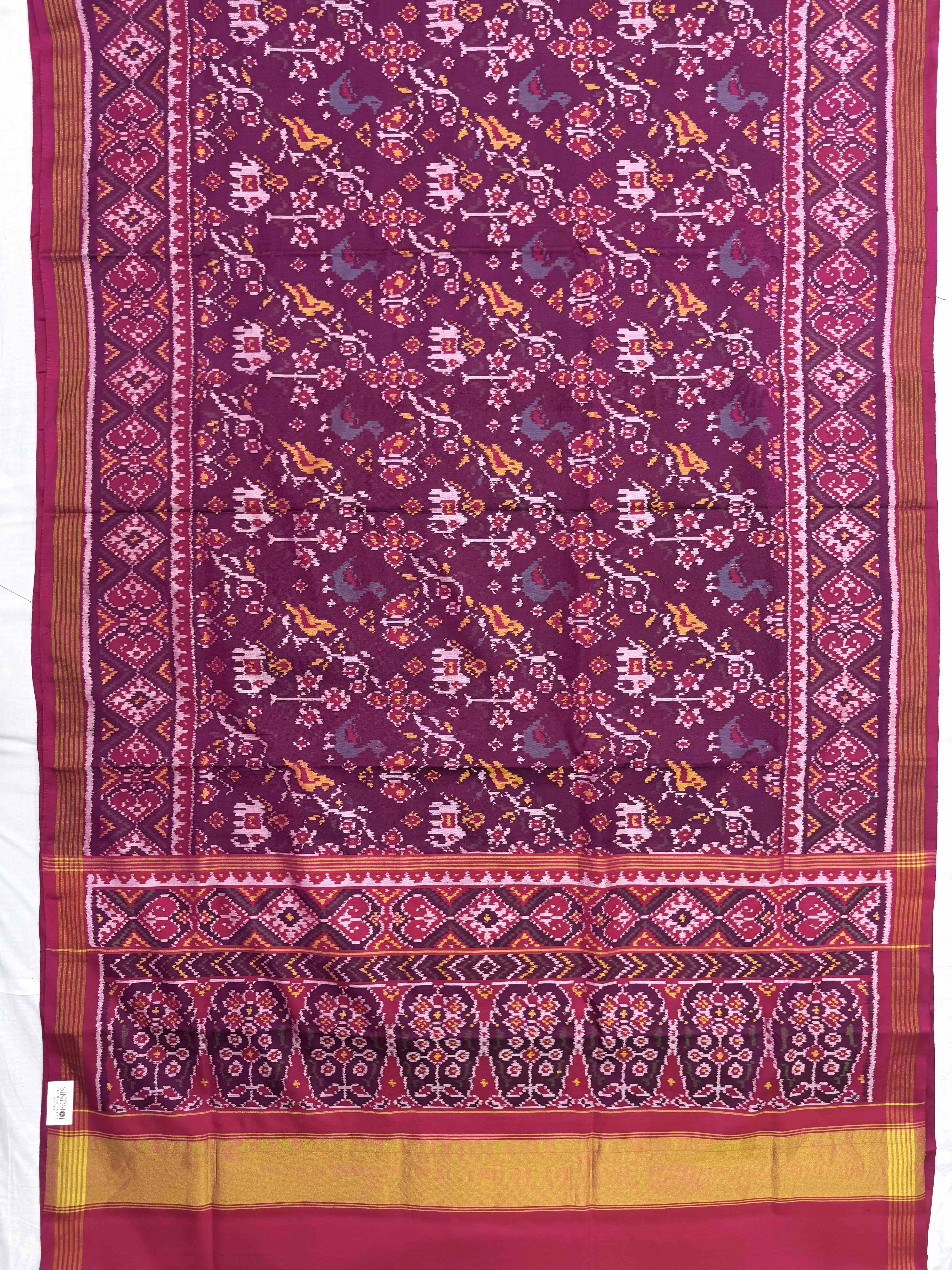 Pink & Wine Purple Narikunj Leaves Leheriya Single Ikat Patan Patola Saree
