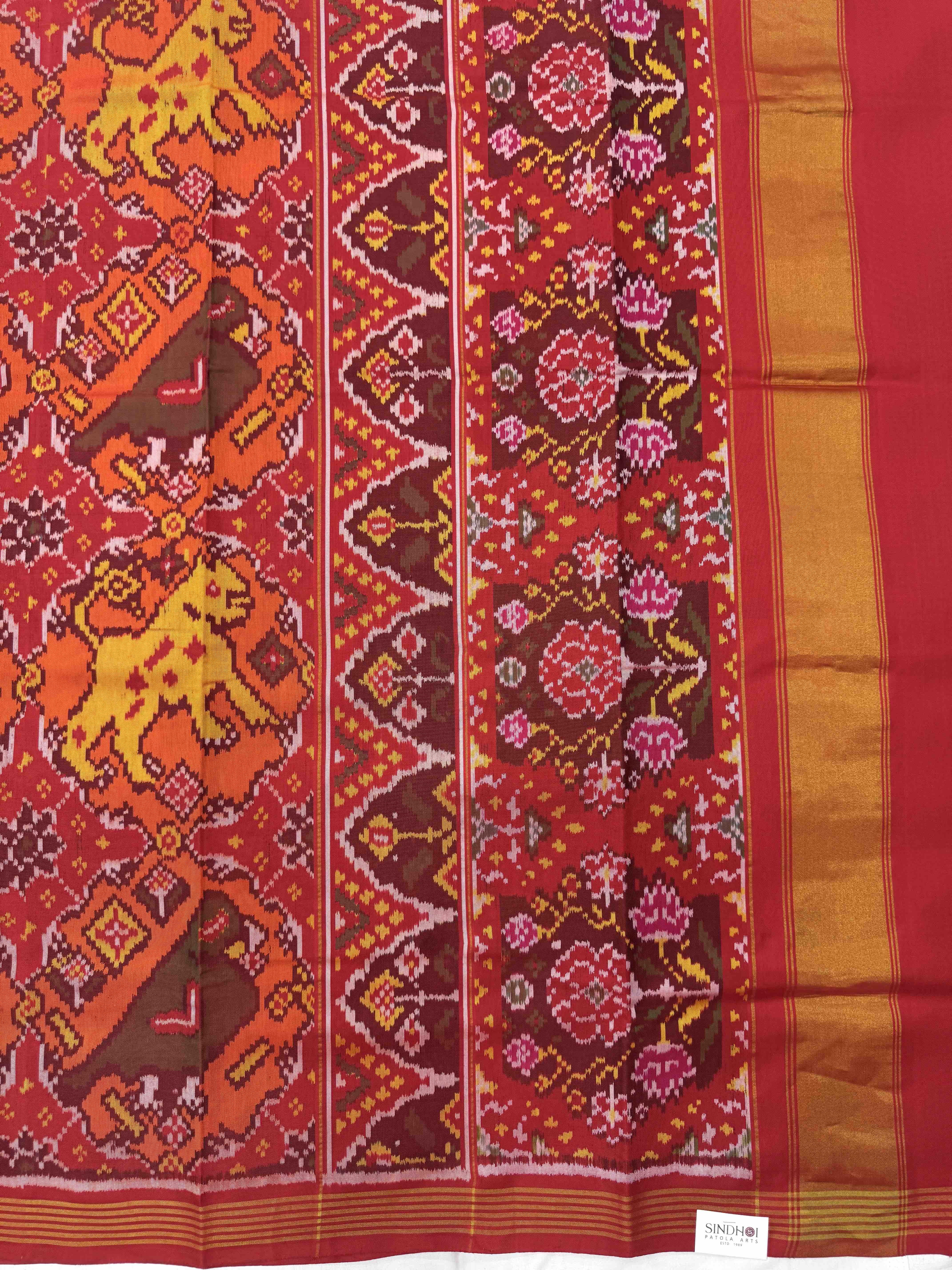 Red & Orange Narikunj Chhabdi Single Ikat Patan Patola Saree