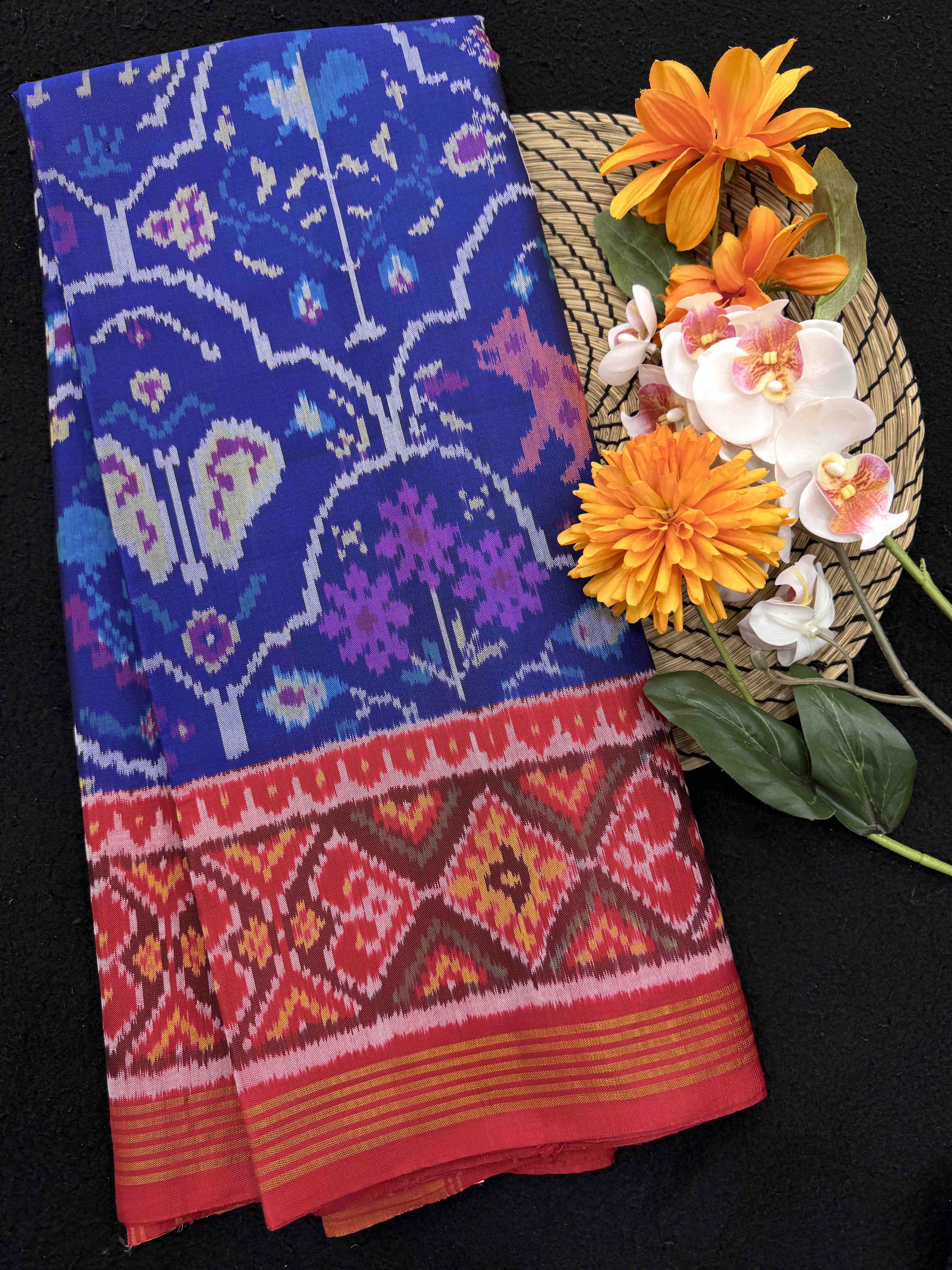 Red & Blue Nariunj Fancy Single Ikat Patan Patola Saree