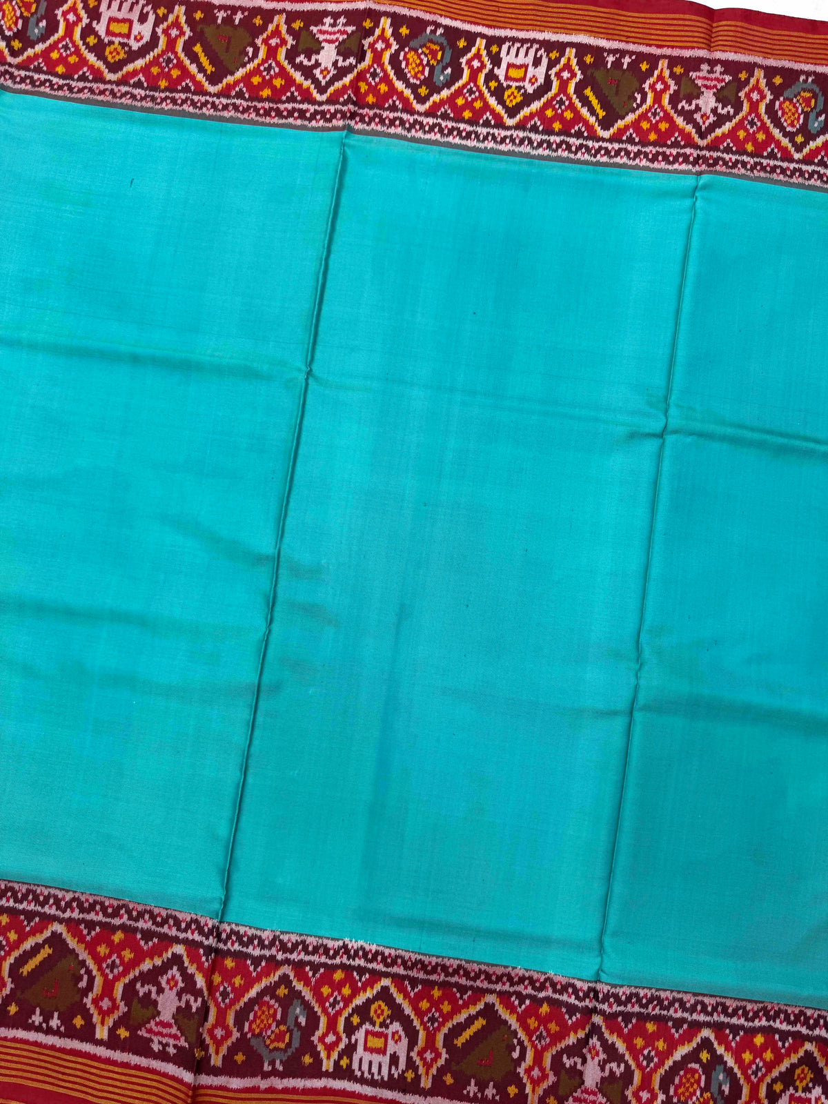 Red & Light Blue Plain Single Ikat Patan Patola Saree