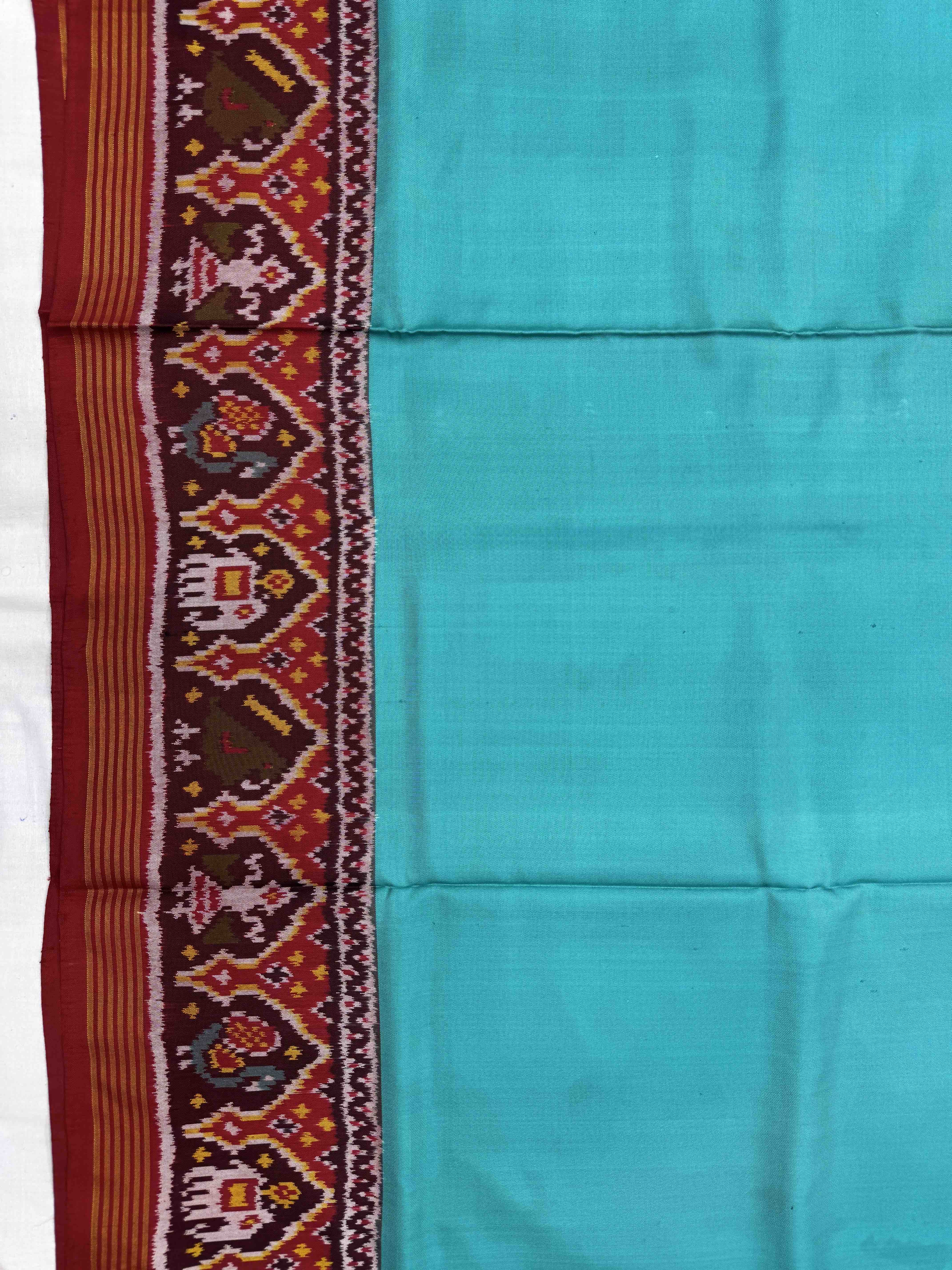 Red & Light Blue Plain Single Ikat Patan Patola Saree