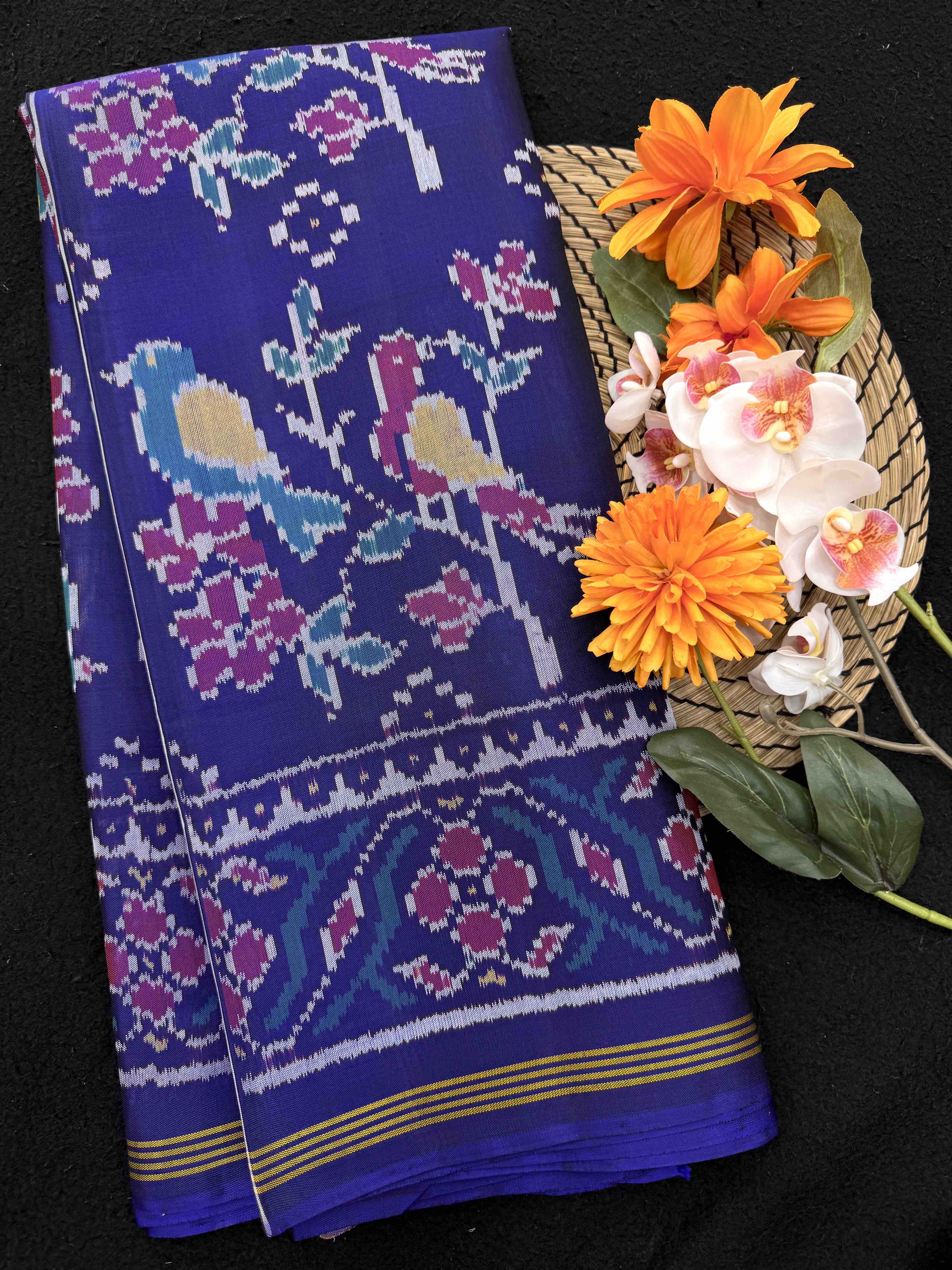 Blue Flower Bird Fancy Single Ikat Patan Patola Saree