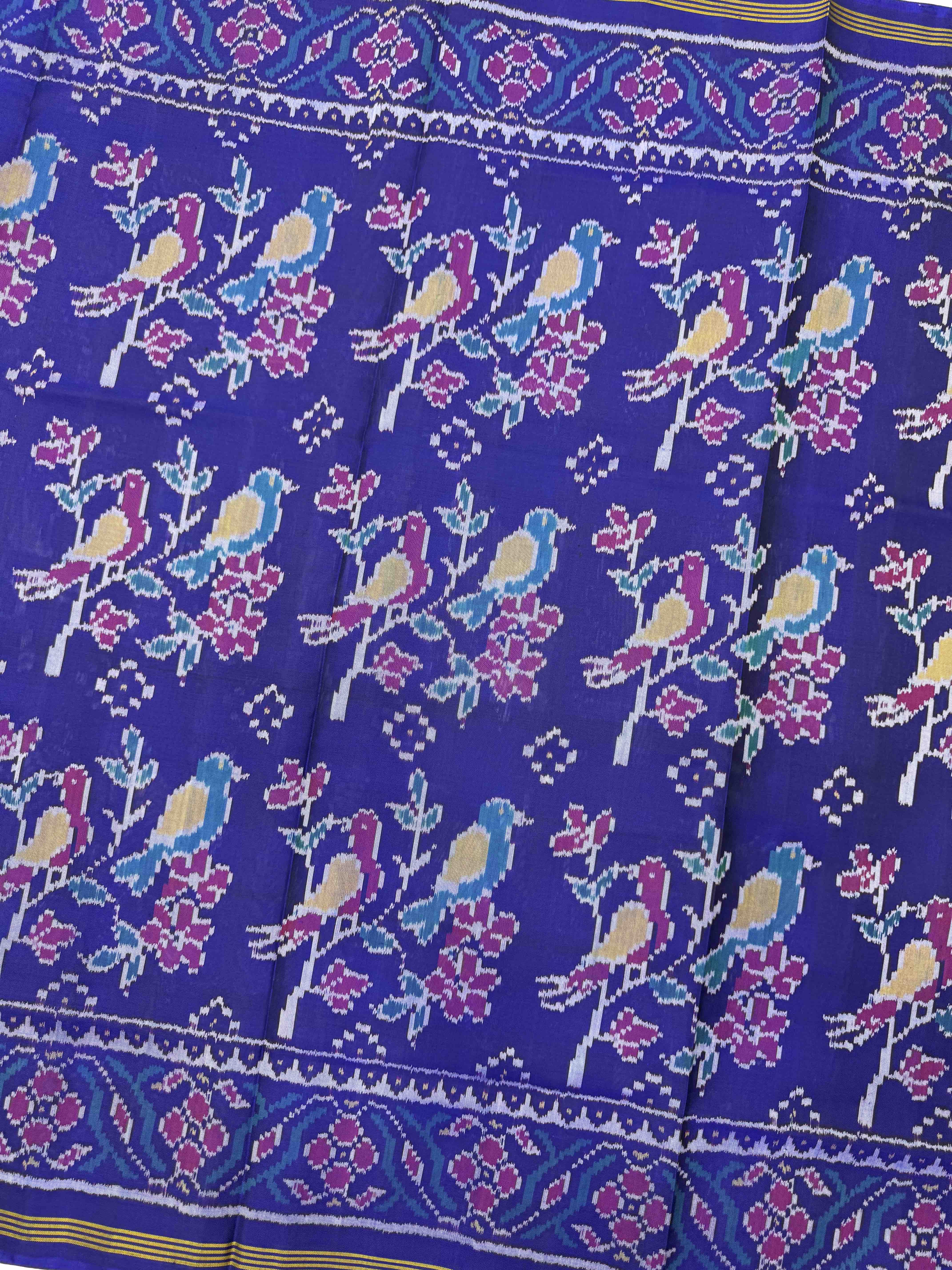 Blue Flower Bird Fancy Single Ikat Patan Patola Saree