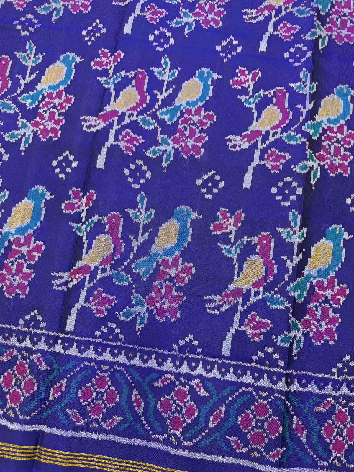 Blue Flower Bird Fancy Single Ikat Patan Patola Saree