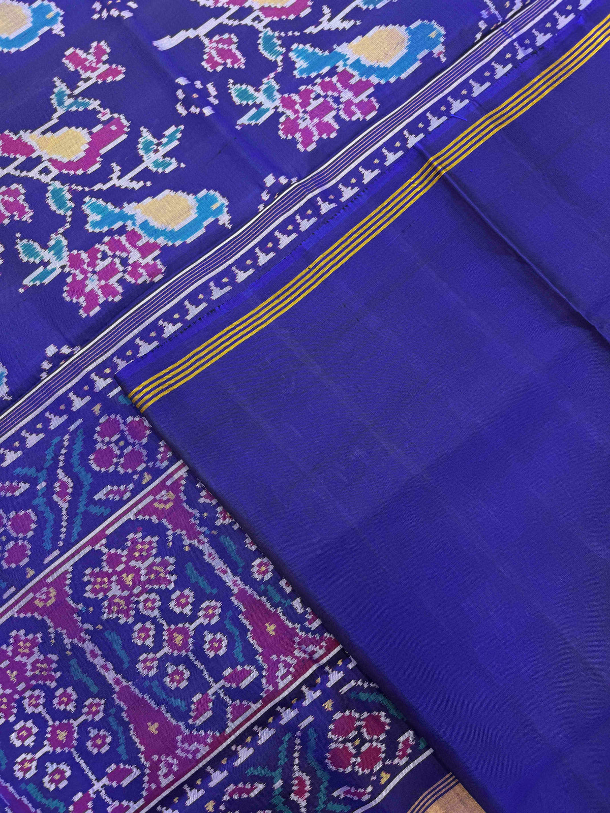 Blue Flower Bird Fancy Single Ikat Patan Patola Saree