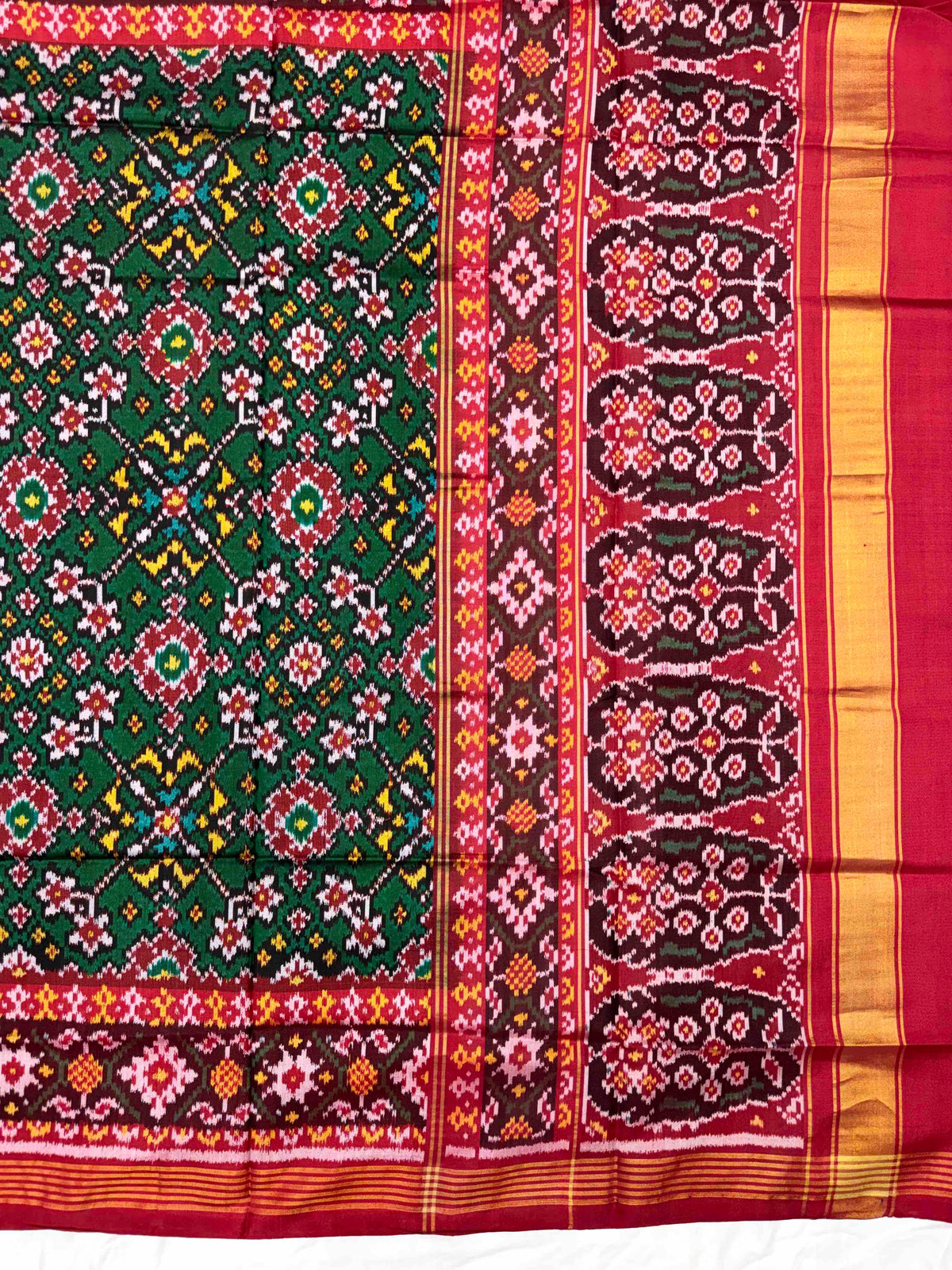 Red & Green Navratan Semi Double Ikat Patola Dupatta