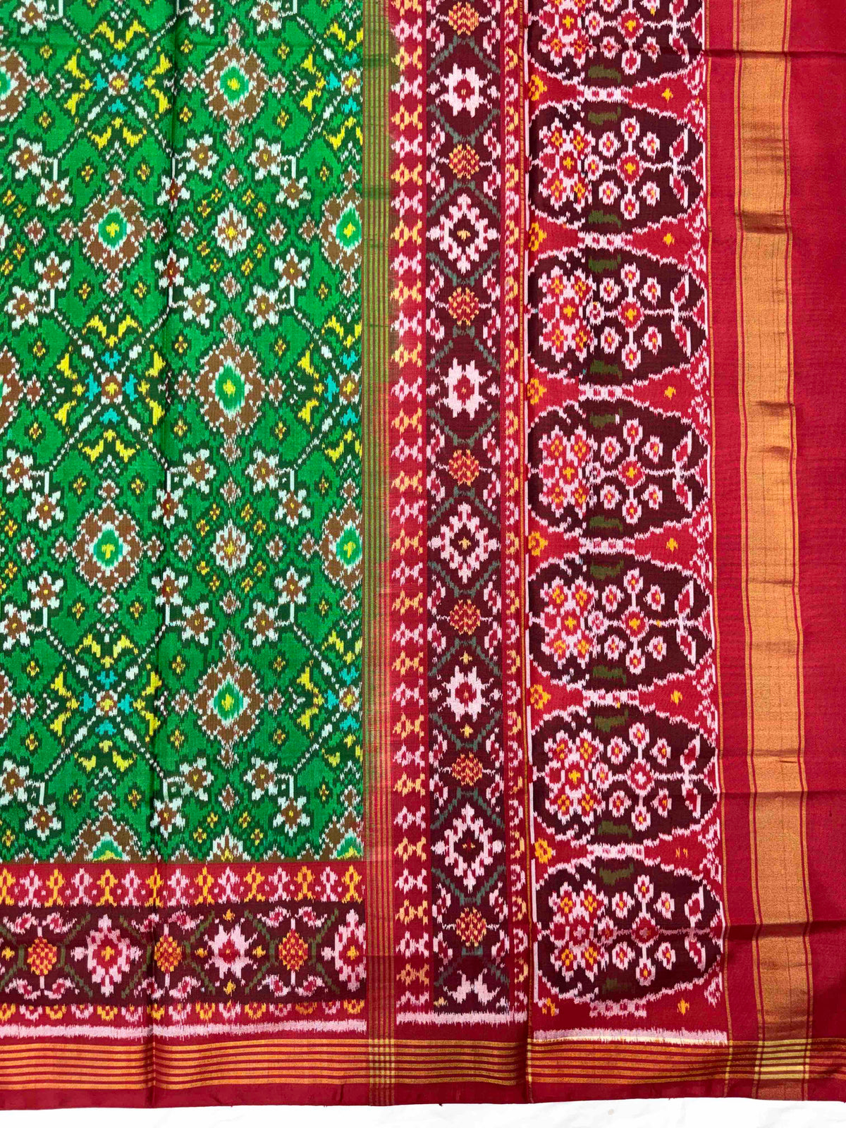 Red & Parrot Green Navratan Semi Double Ikat Patola Dupatta