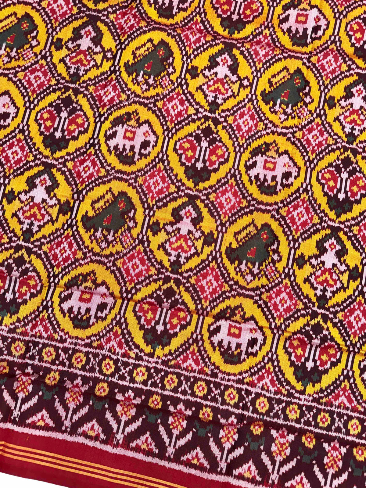 Maroon & Yellow Circle Narikunj Semi Double Ikat Patola Dupatta