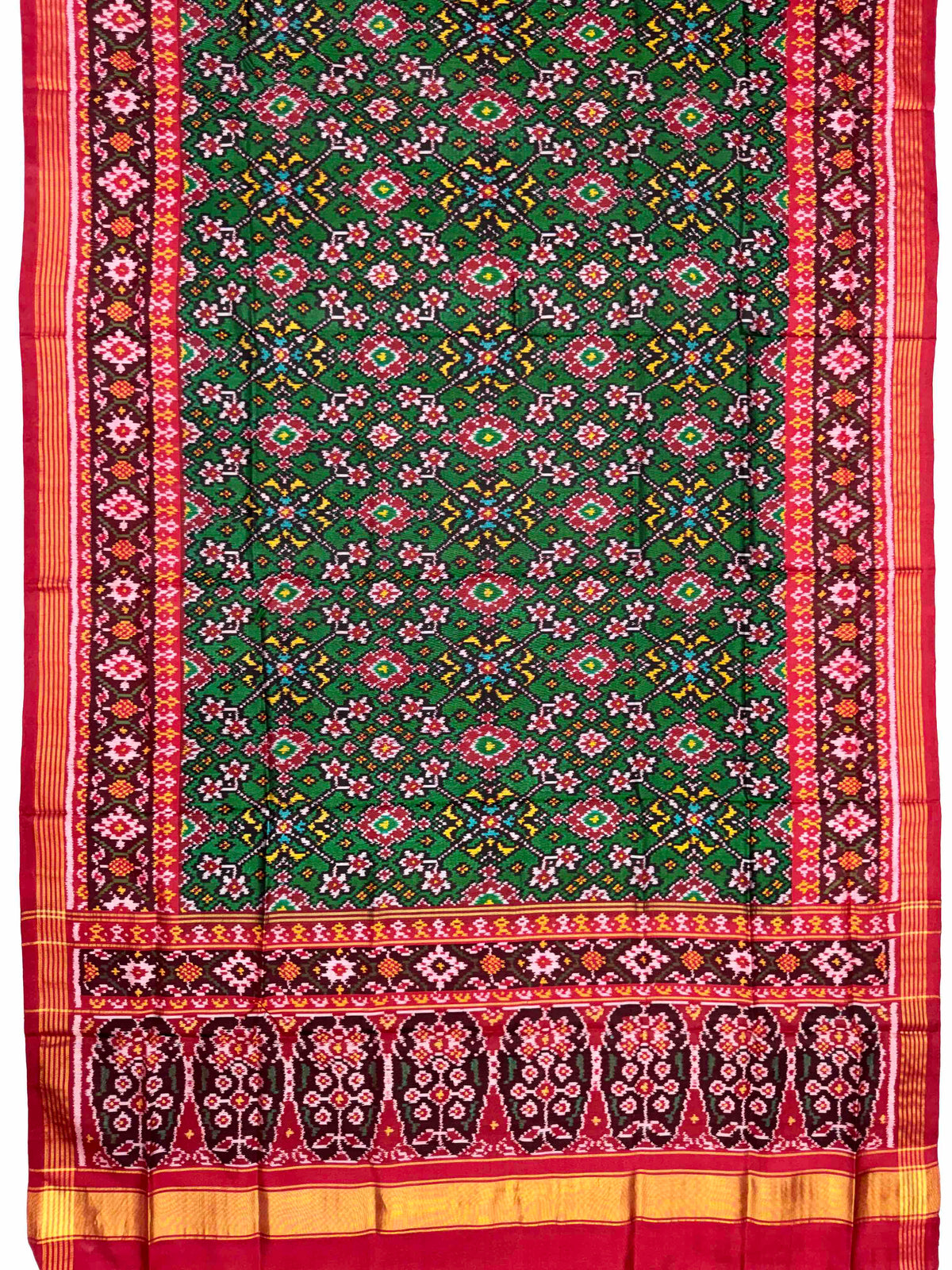 Red & Green Navratan Semi Double Ikat Patola Dupatta