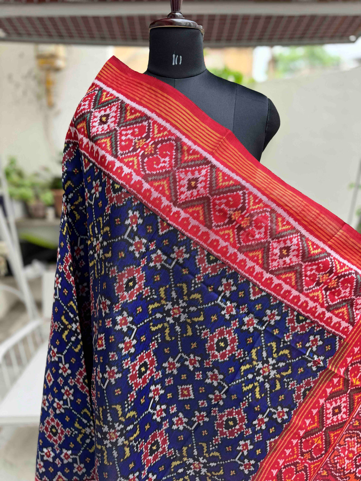 Red & Blue Navratan with Multicolor Pallu Semi Double Ikat Patola Dupatta