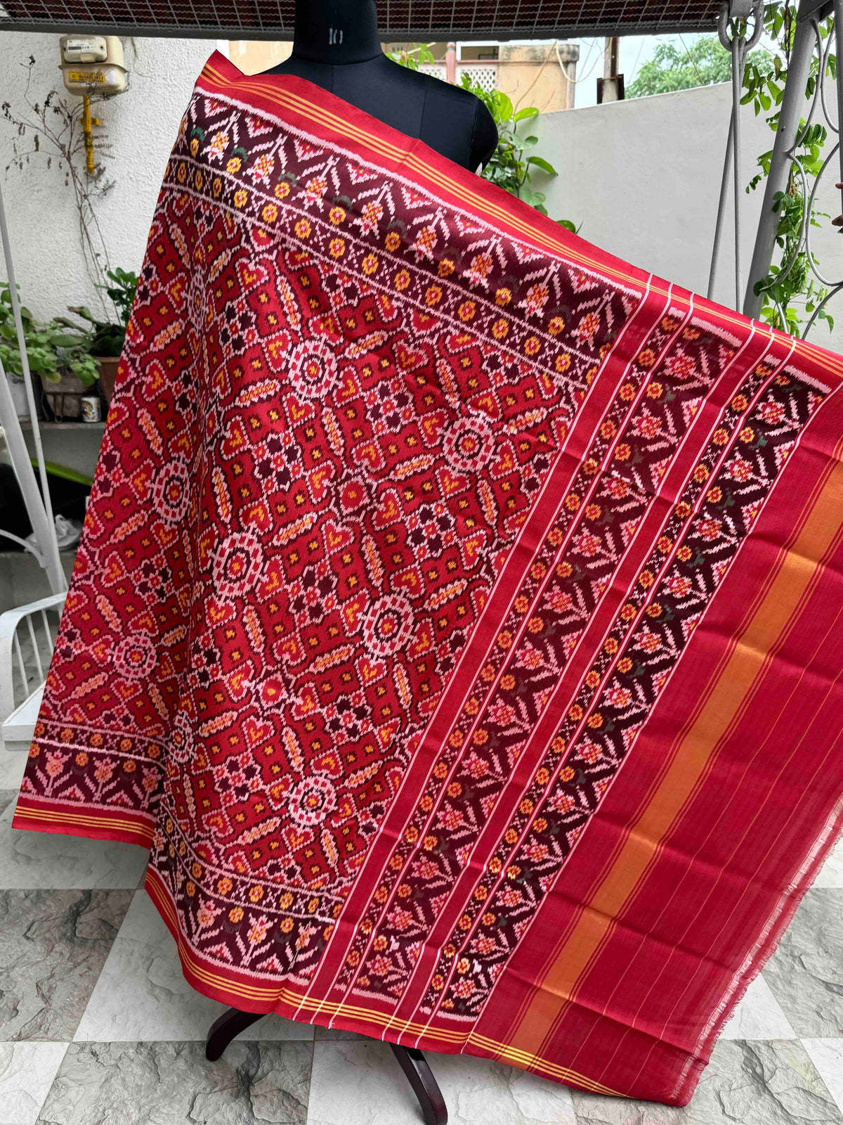 Red Manekchowk Semi Double Ikat Patola Dupatta