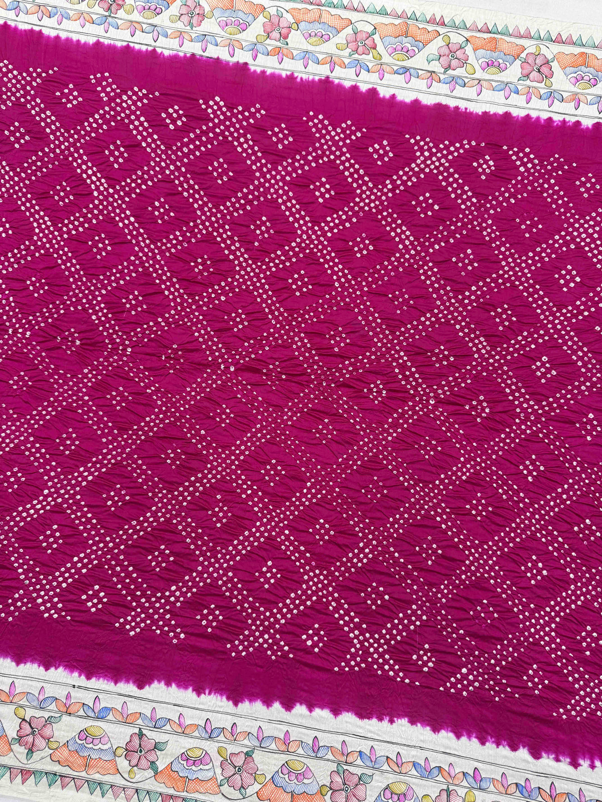 Off White & Dark Pink Madhubani Bandhani Saree