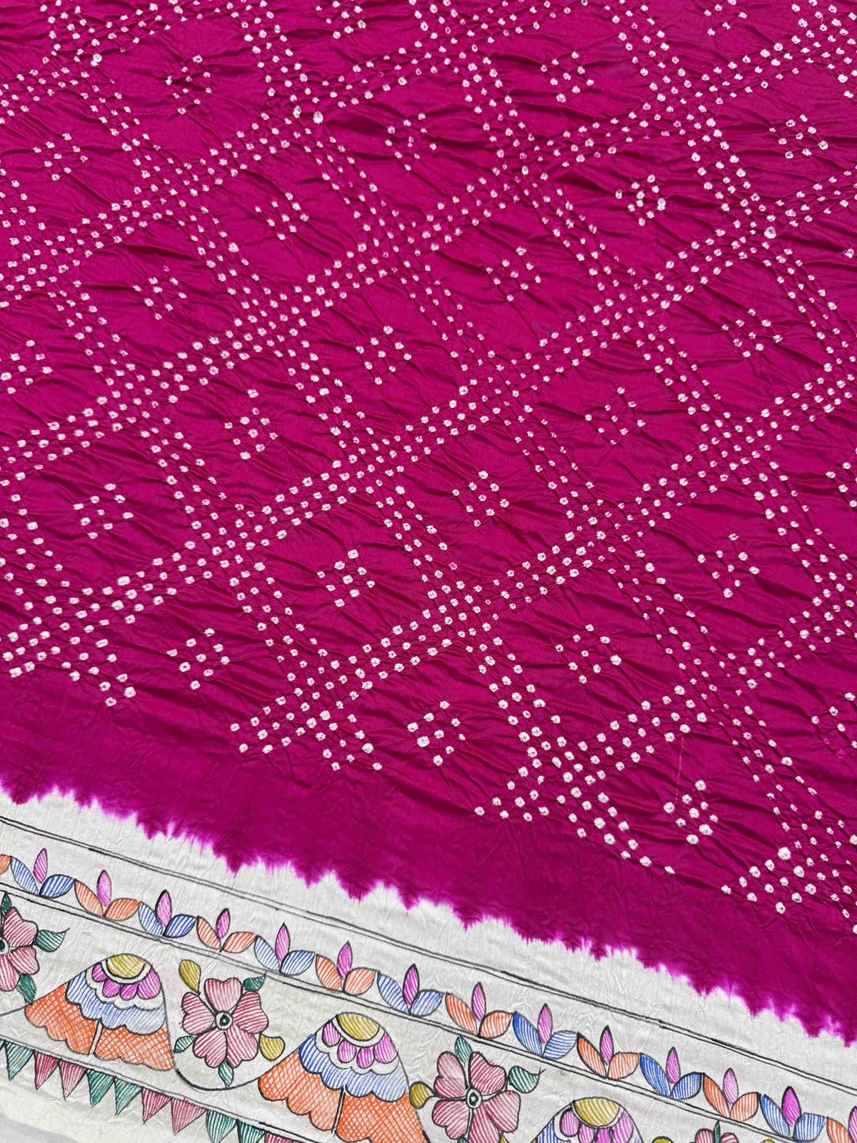 Off White & Dark Pink Madhubani Bandhani Saree