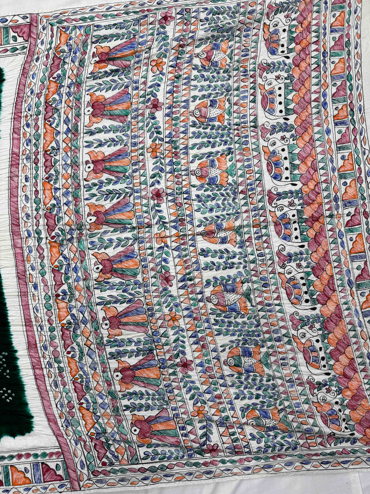 Off White & Dark Green Madhubani Bandhani Saree