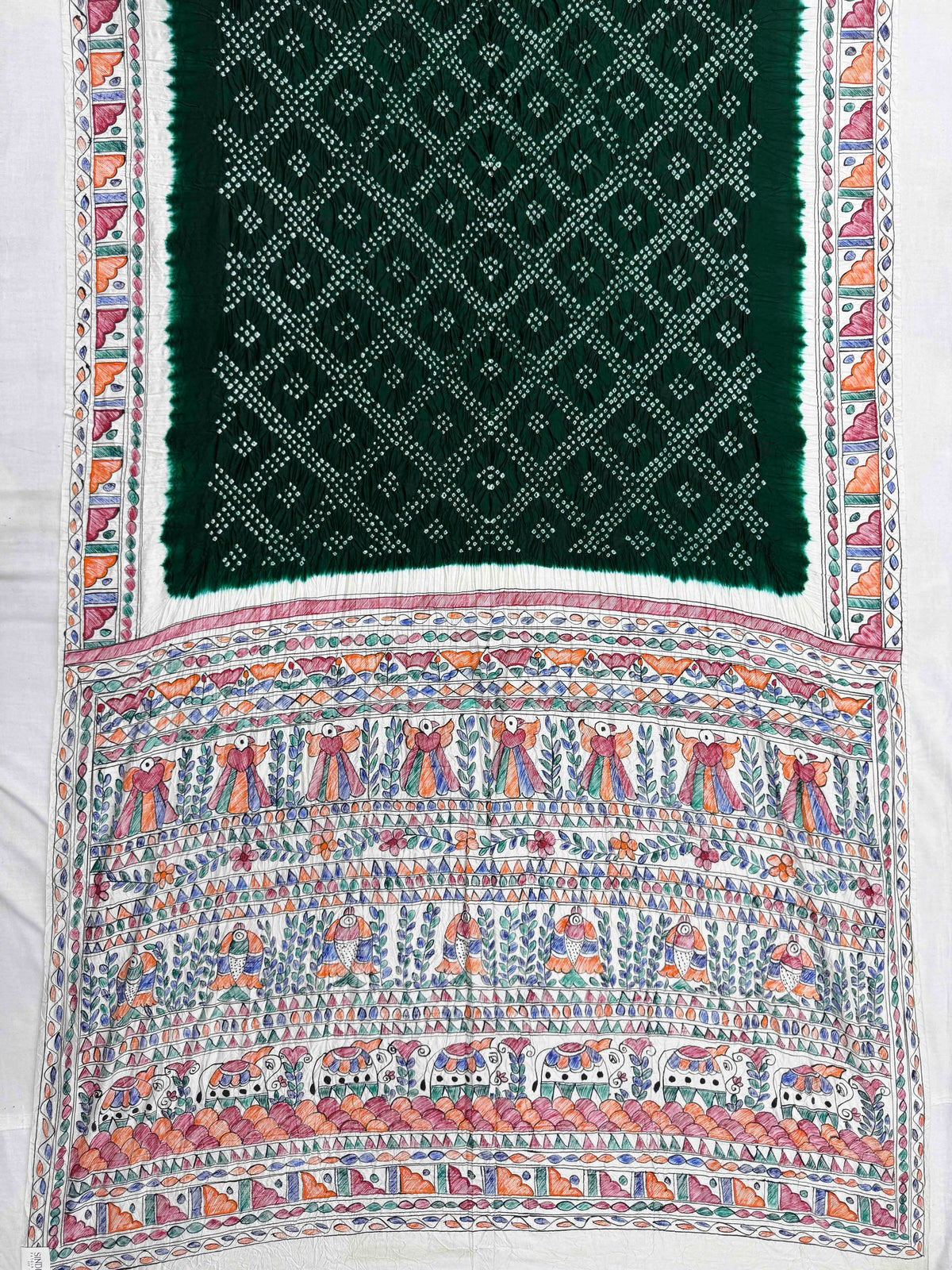Off White & Dark Green Madhubani Bandhani Saree