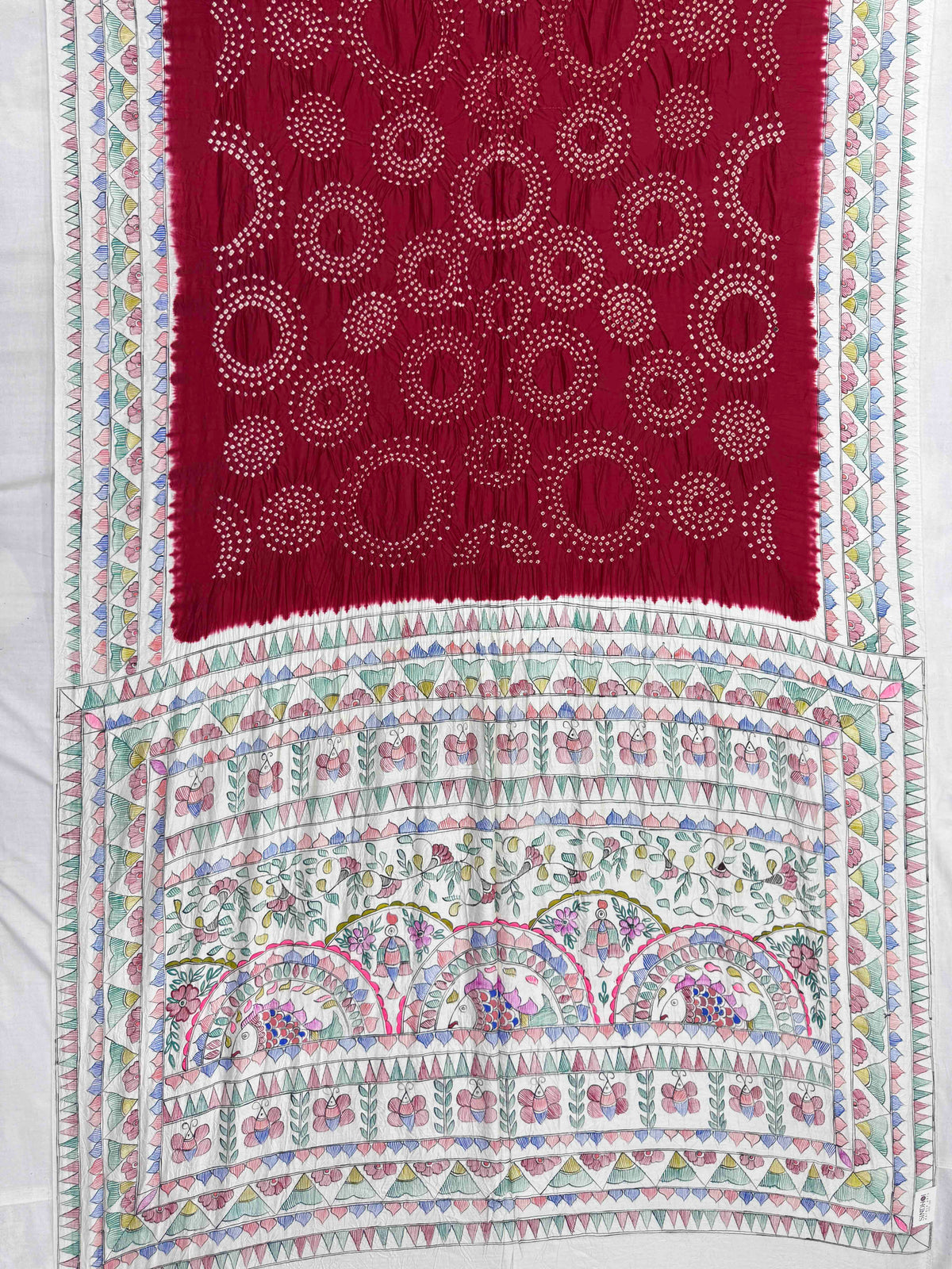 Off White & Red Madhubani Bandhani Saree