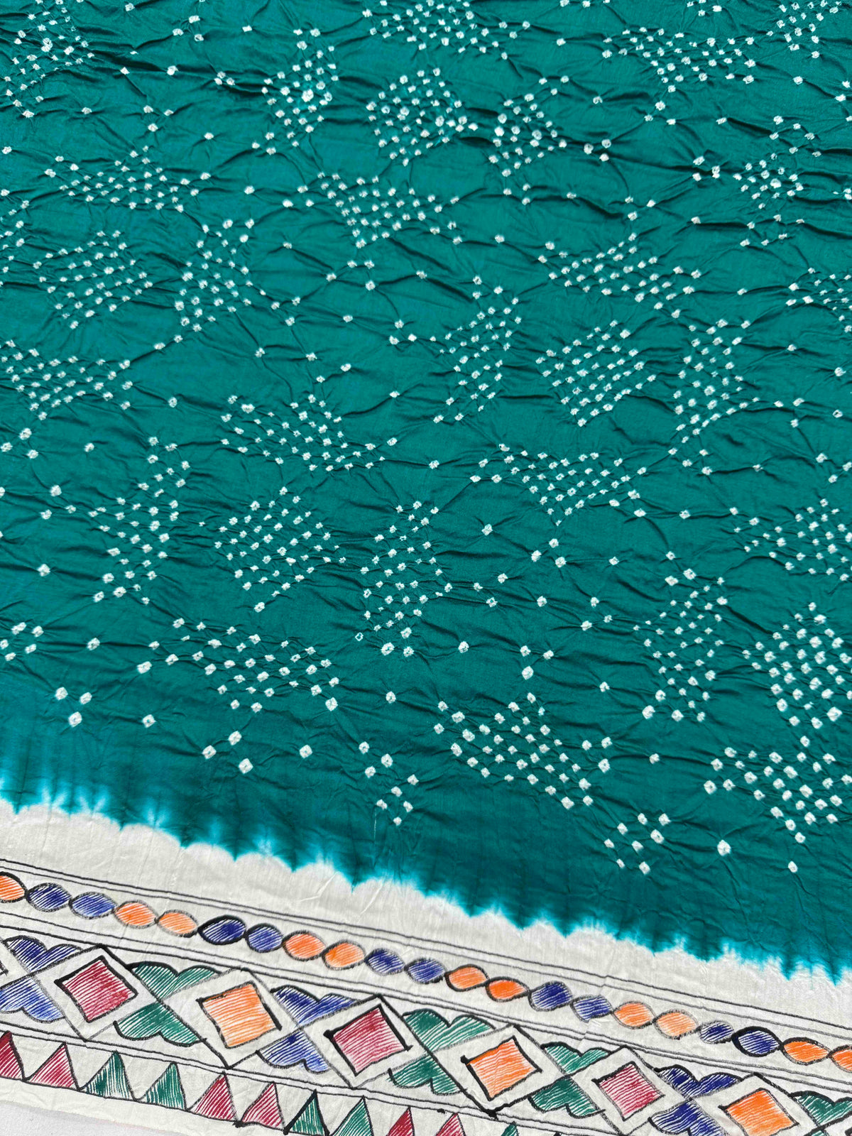 Off White & Rama Green Madhubani Bandhani Saree