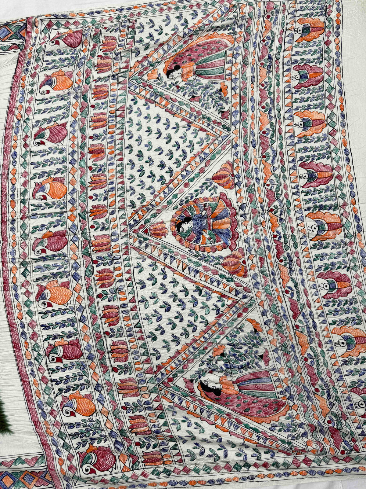Off White & Mehendi Green Madhubani Bandhani Saree