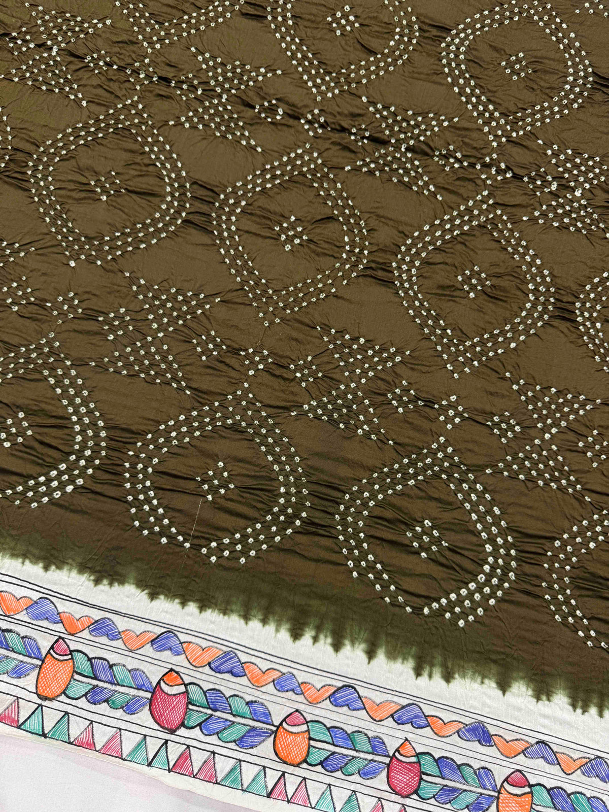 Off White & Mehendi Madhubani Bandhani Saree