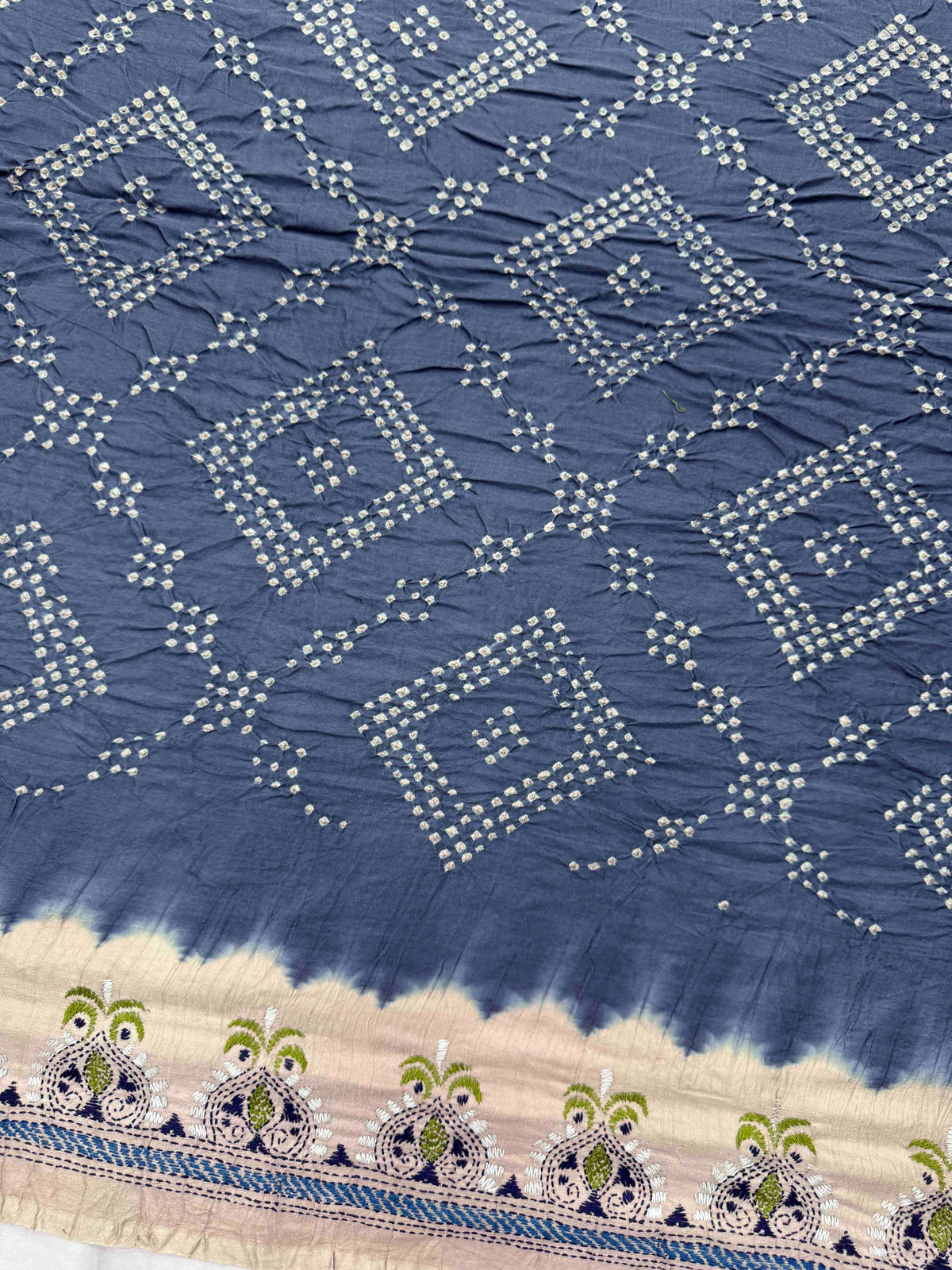 Off White & Grey Muga Silk with Kantha Work Border Pallu Bandhani Saree