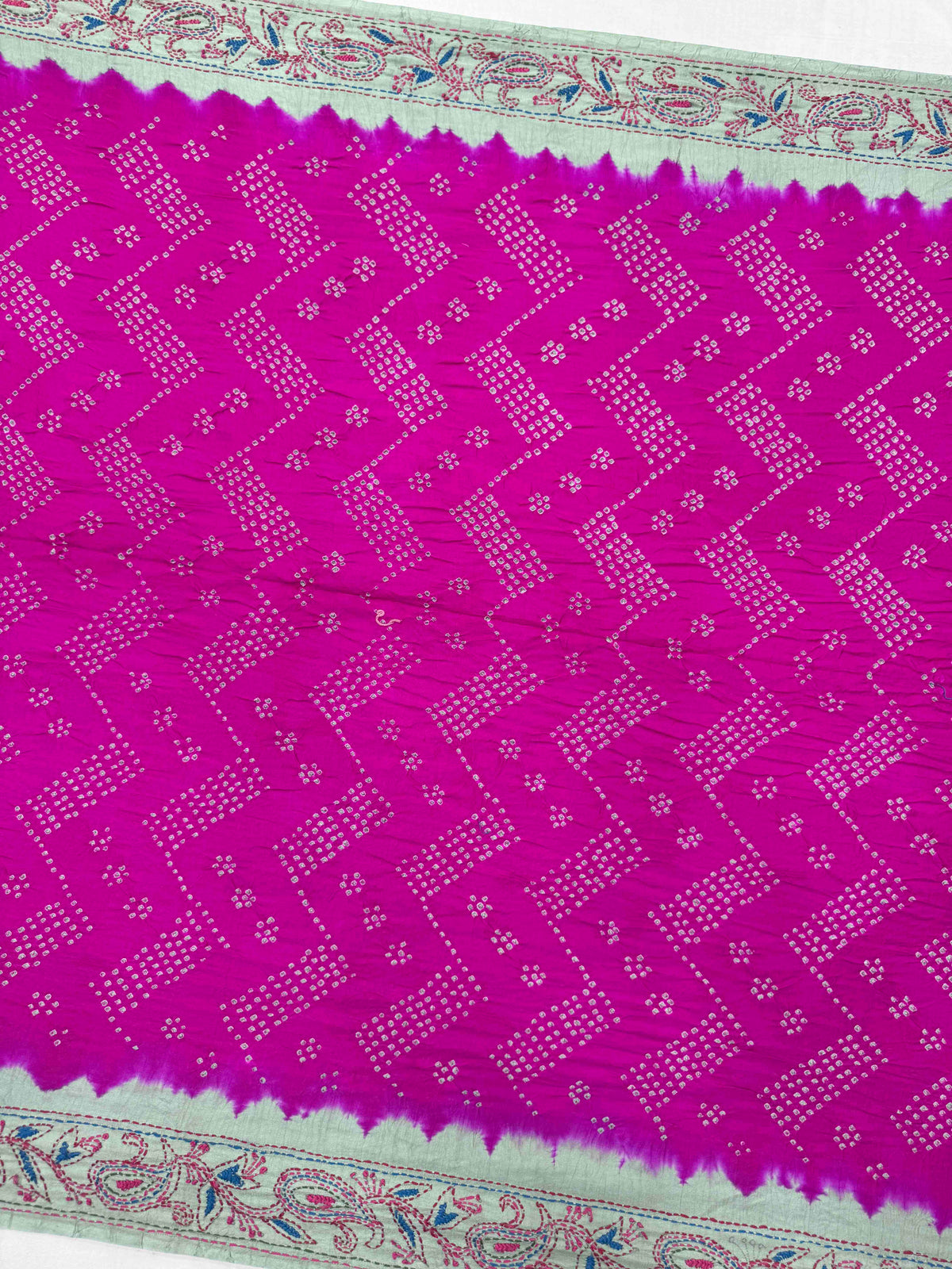 Light Grey & Pink Gajji Silk with Kantha Work Border Pallu Bandhani Saree