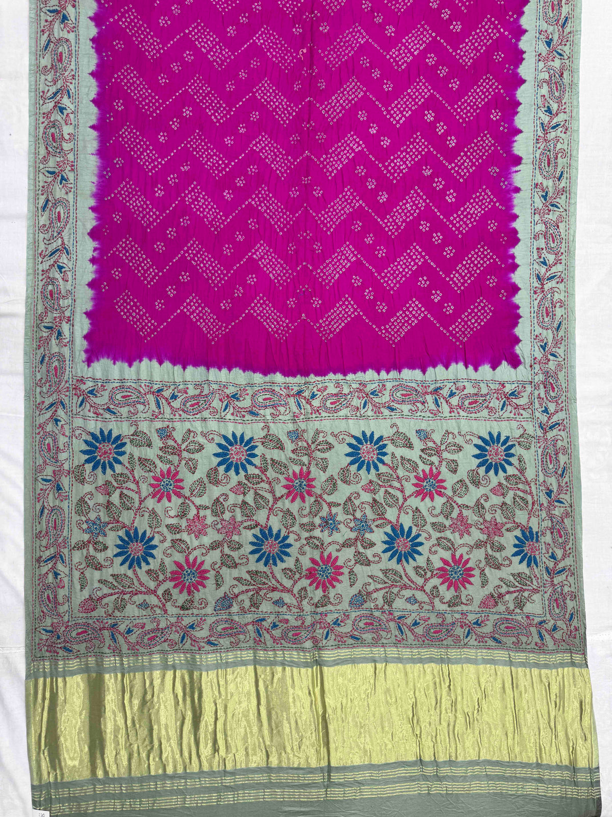 Light Grey & Pink Gajji Silk with Kantha Work Border Pallu Bandhani Saree