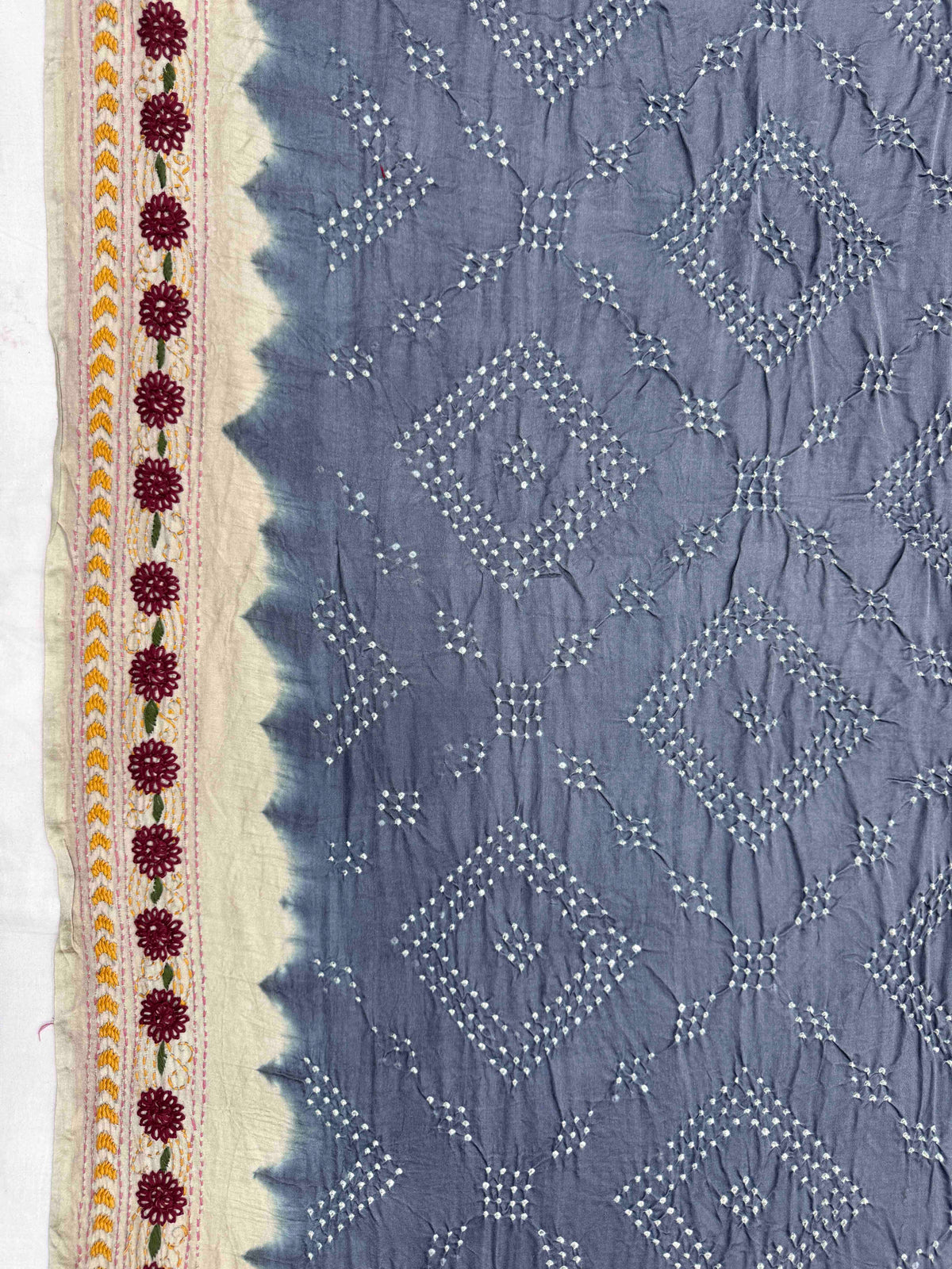 Off White & Grey Muga Silk with Kantha Work Border Pallu Bandhani Saree