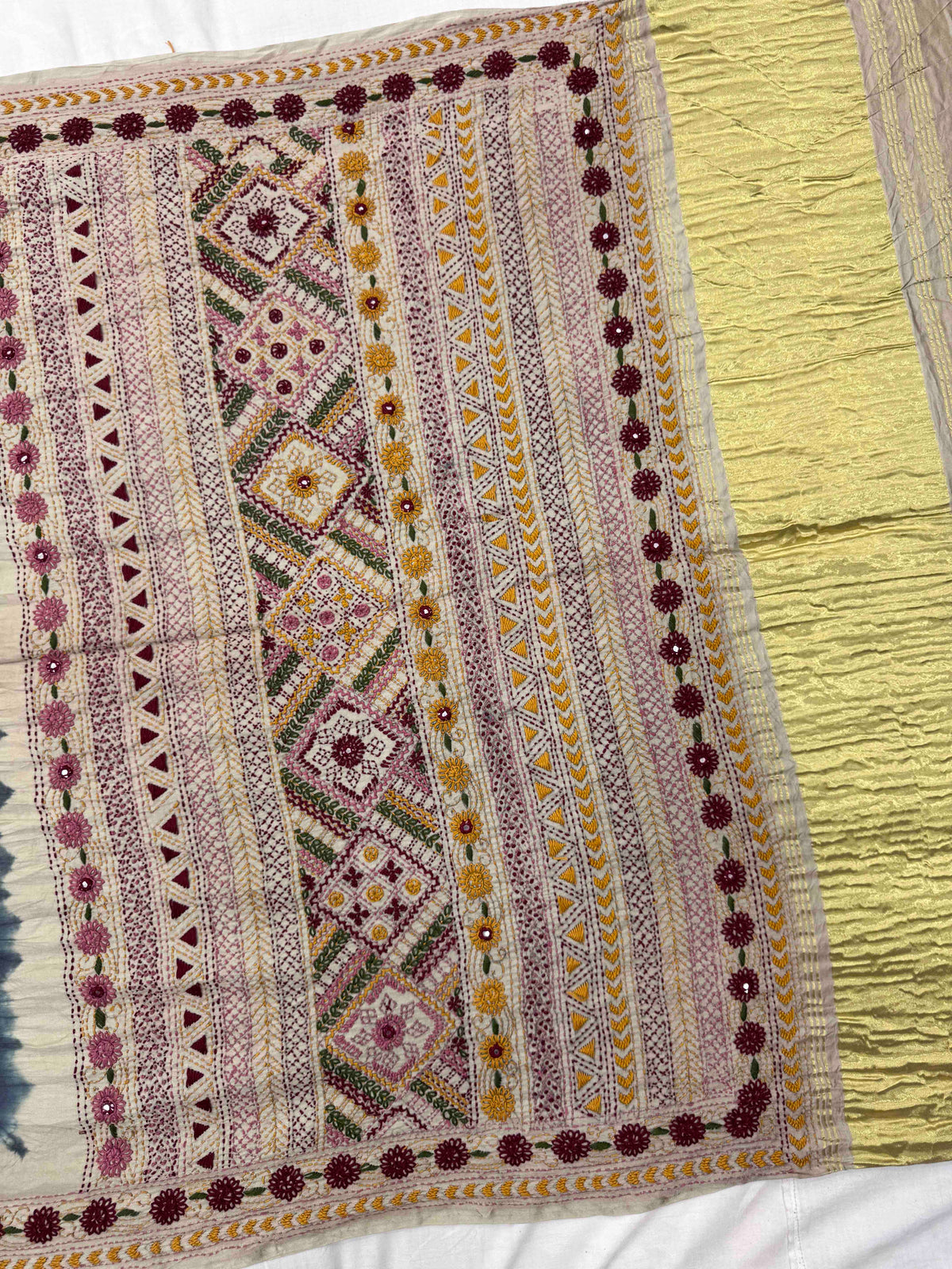 Off White & Grey Muga Silk with Kantha Work Border Pallu Bandhani Saree