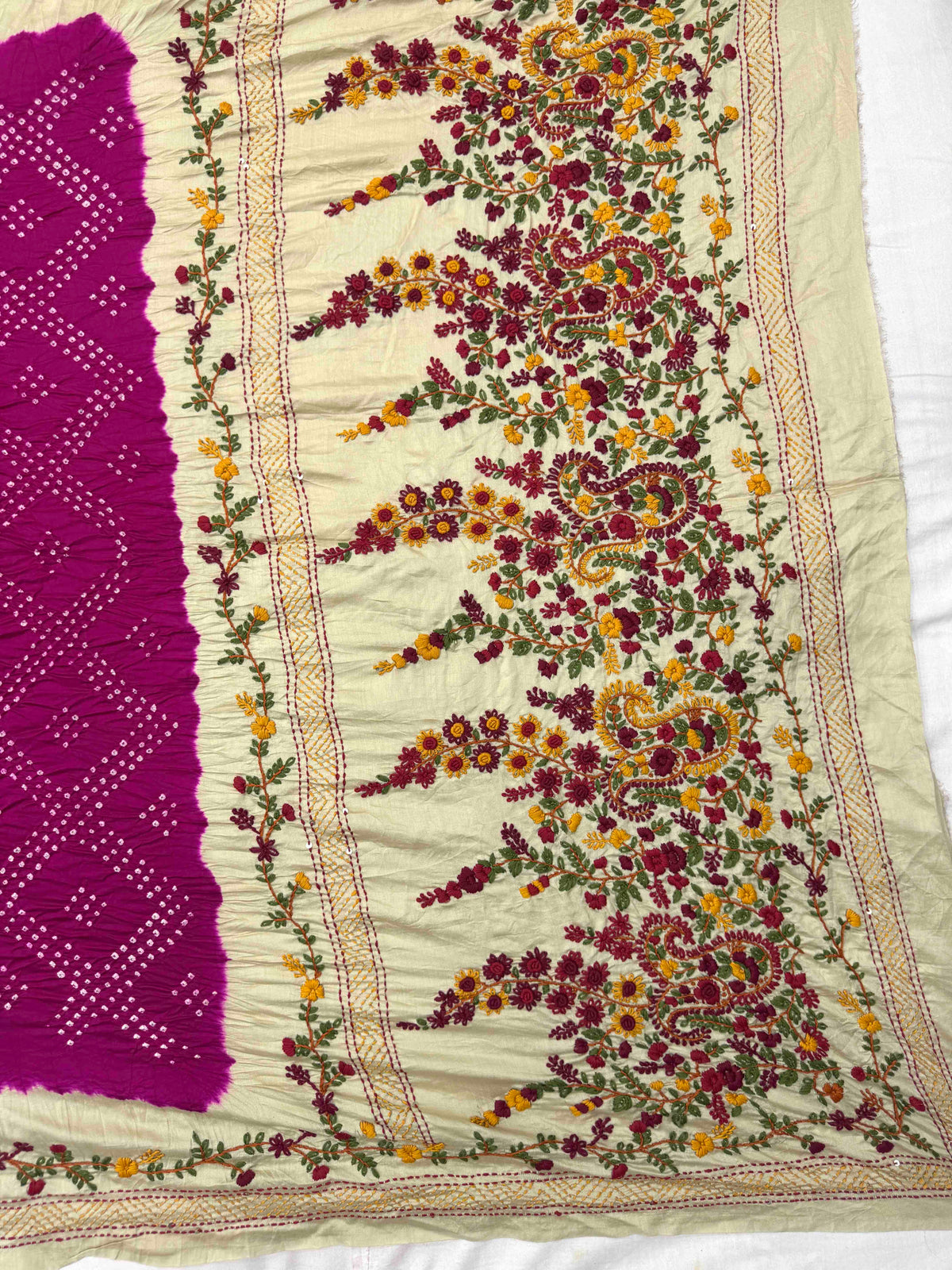 Off White & Dark Pink Gajji Silk with Kantha Work Border Pallu Bandhani Saree