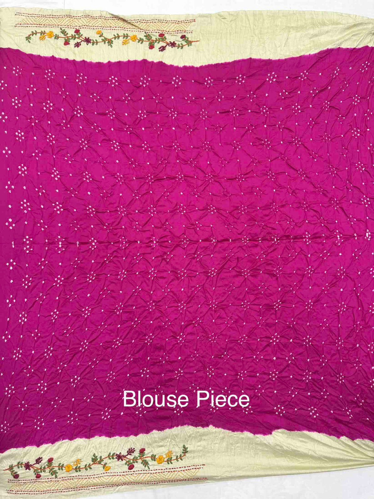 Off White & Dark Pink Gajji Silk with Kantha Work Border Pallu Bandhani Saree