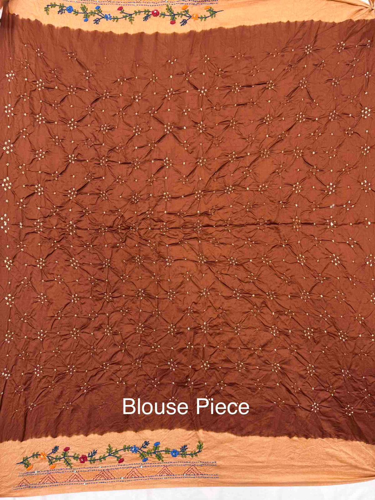 Light Orange & Brown Muga Silk with Kantha Work Border Pallu Bandhani Saree