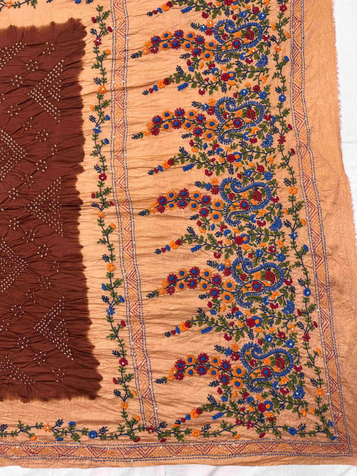 Light Orange & Brown Muga Silk with Kantha Work Border Pallu Bandhani Saree