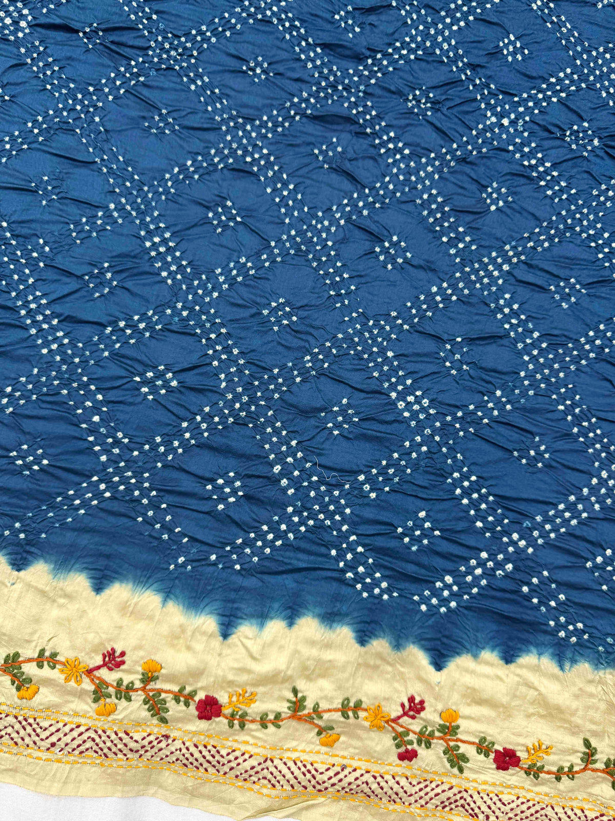 Light Yellow & Indigo Blue Gajji Silk with Kantha Work Border Pallu Bandhani Saree