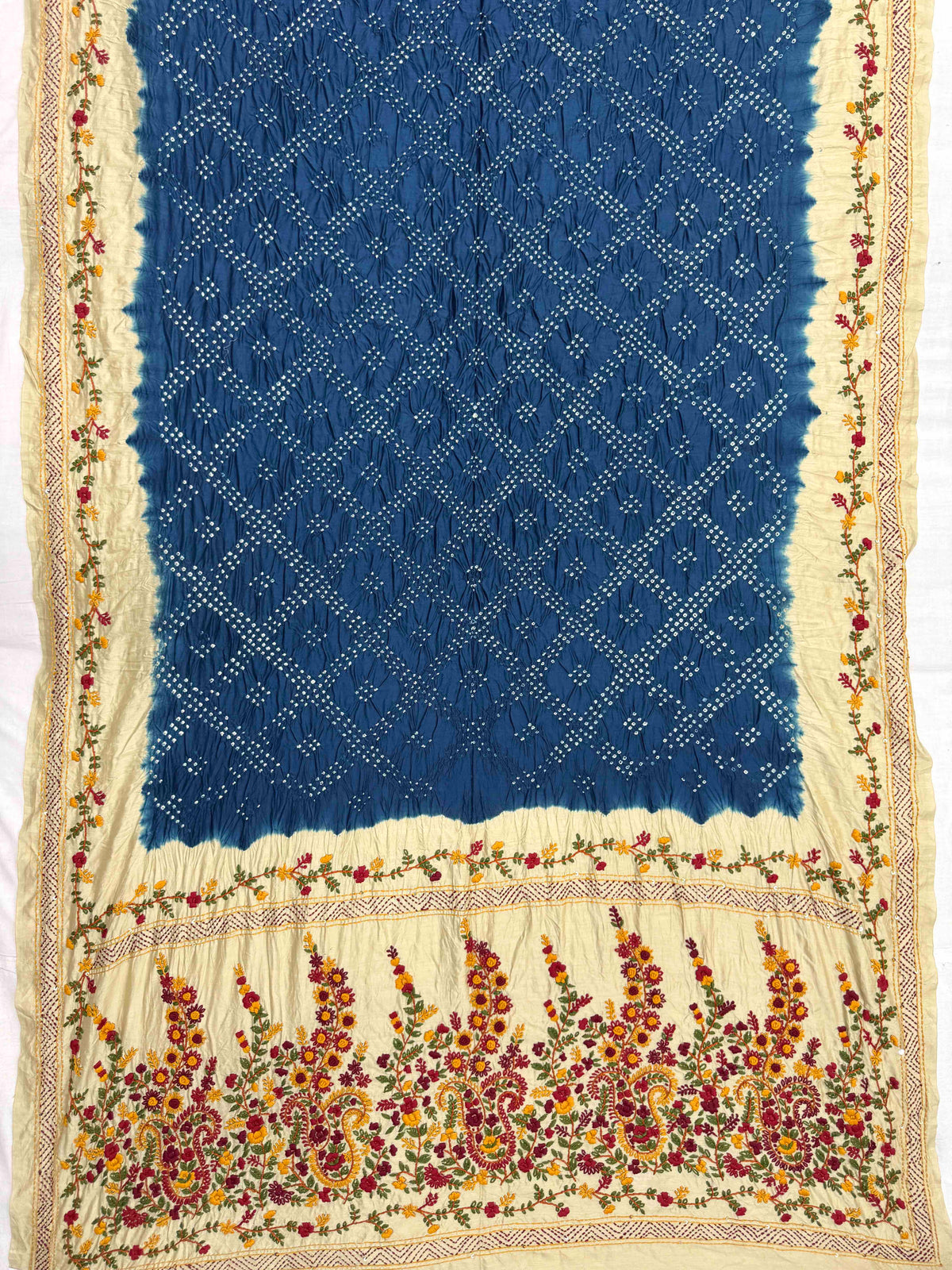 Light Yellow & Indigo Blue Gajji Silk with Kantha Work Border Pallu Bandhani Saree