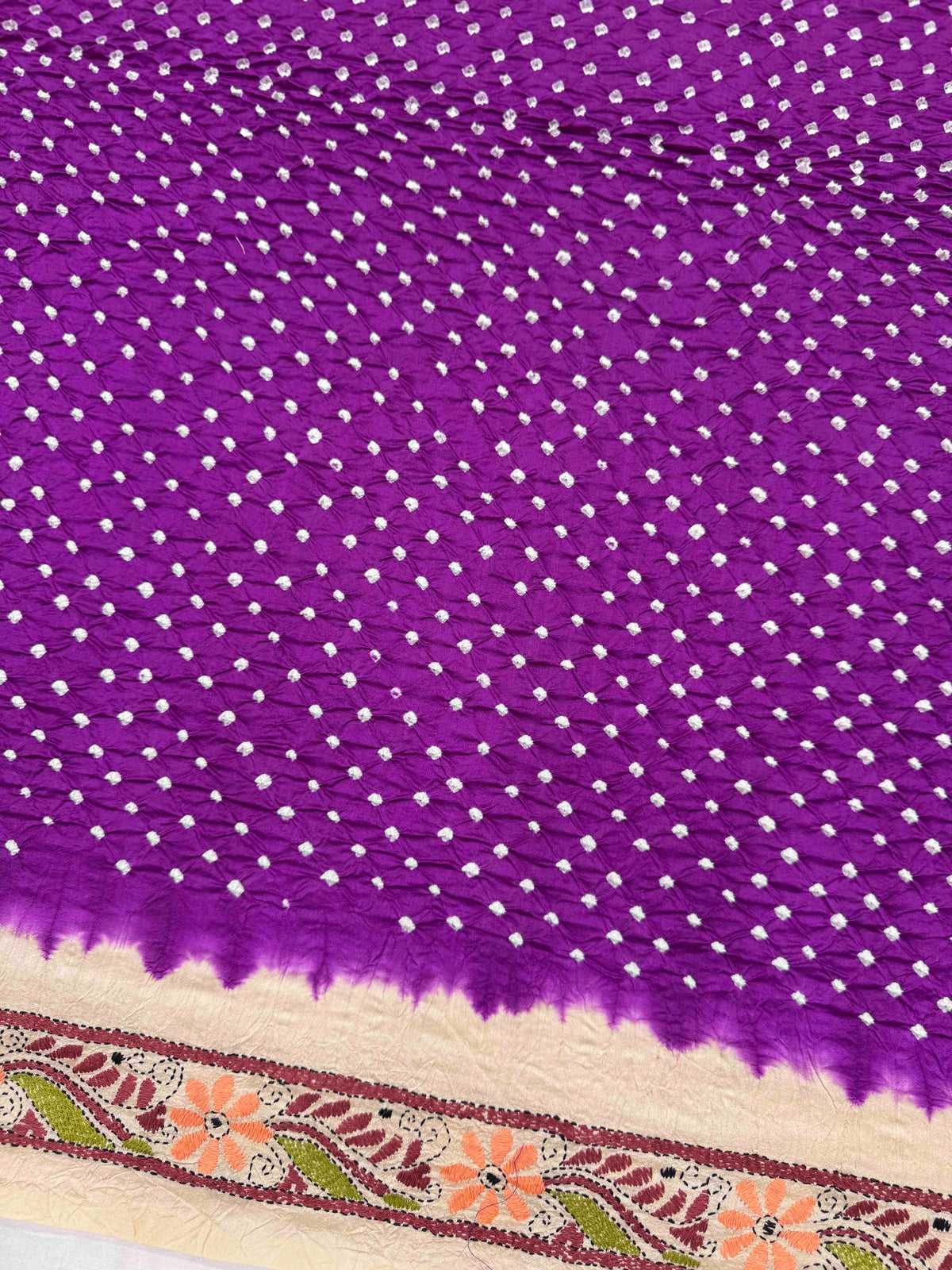 Cream & Dark Purple Muga Silk with Kantha Work Border Pallu Bandhani Saree