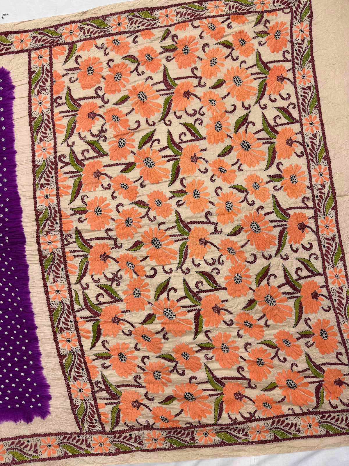 Cream & Dark Purple Muga Silk with Kantha Work Border Pallu Bandhani Saree