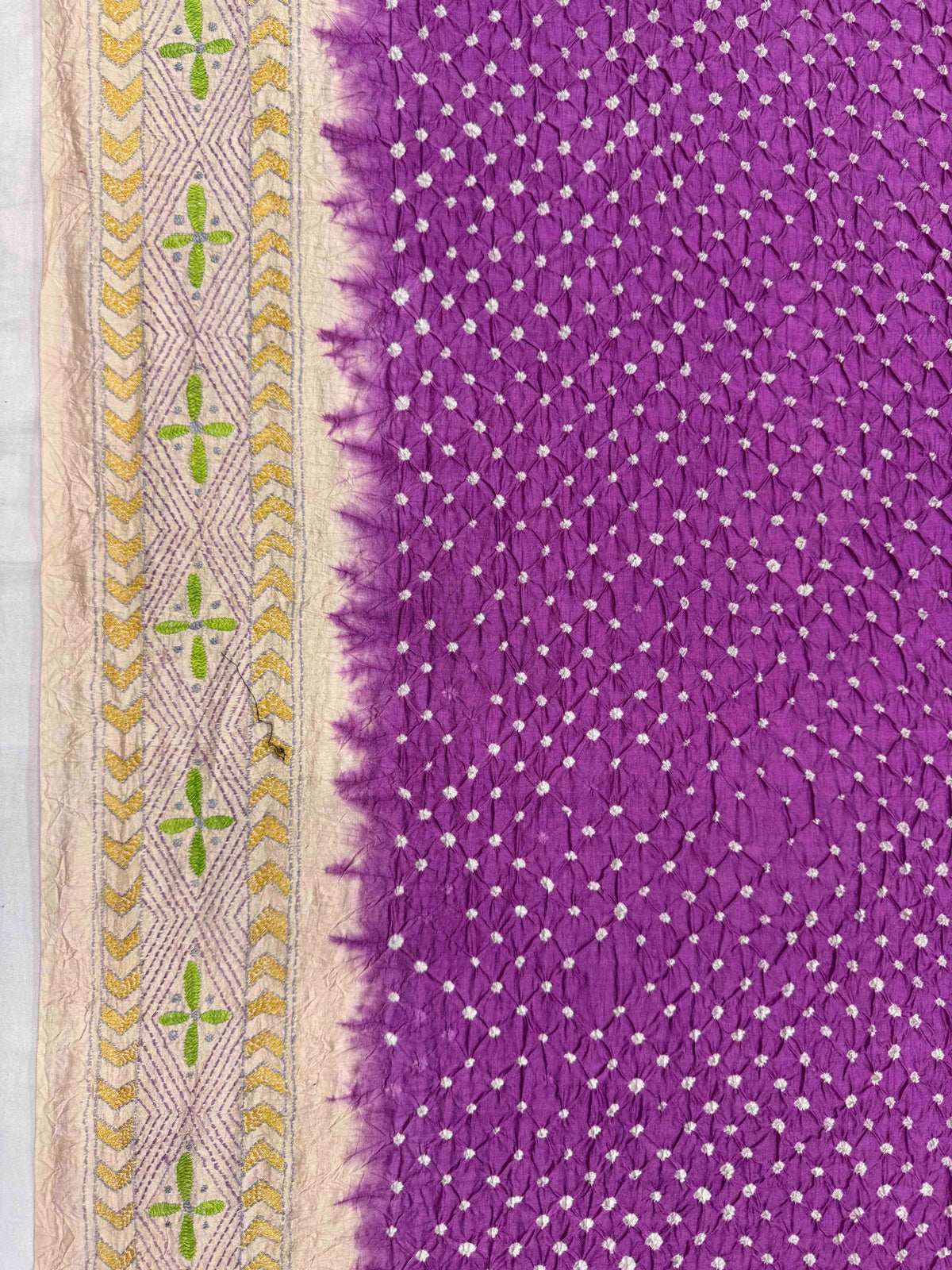Cream & Purple Muga Silk with Kantha Work Border Pallu Bandhani Saree
