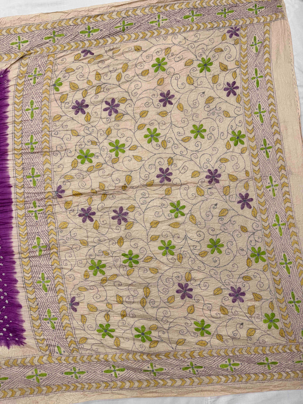 Cream & Purple Muga Silk with Kantha Work Border Pallu Bandhani Saree