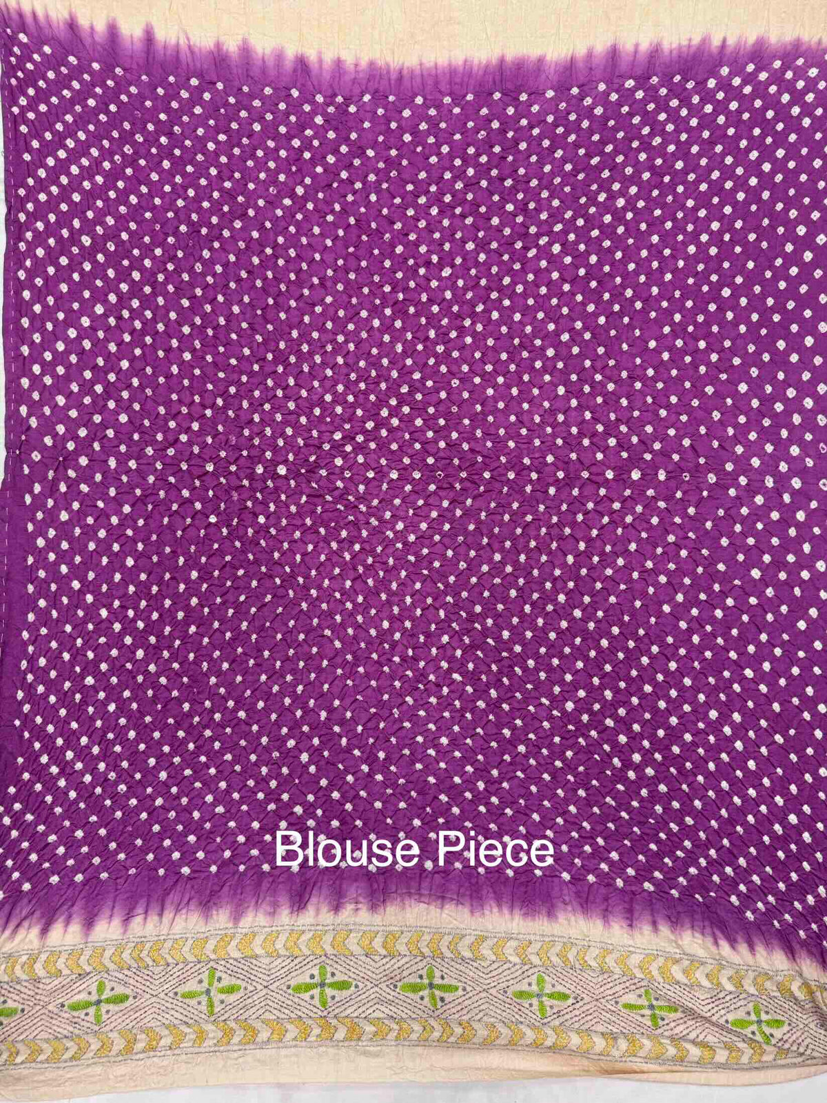 Cream & Purple Muga Silk with Kantha Work Border Pallu Bandhani Saree