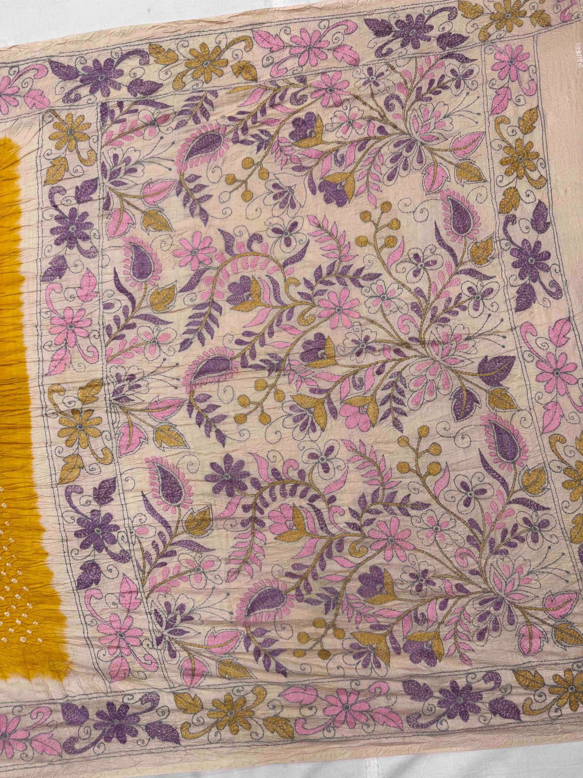 Cream & Yellow Muga Silk with Kantha Work Border Pallu Bandhani Saree